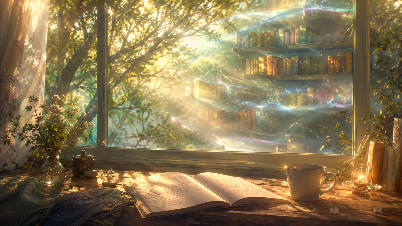 A luminous writing desk beside a window with trees, an open journal, a cup, and a shimmering inner library of books symbolizing intuitive writing, open-eyed receiving, and returning to the gaze.