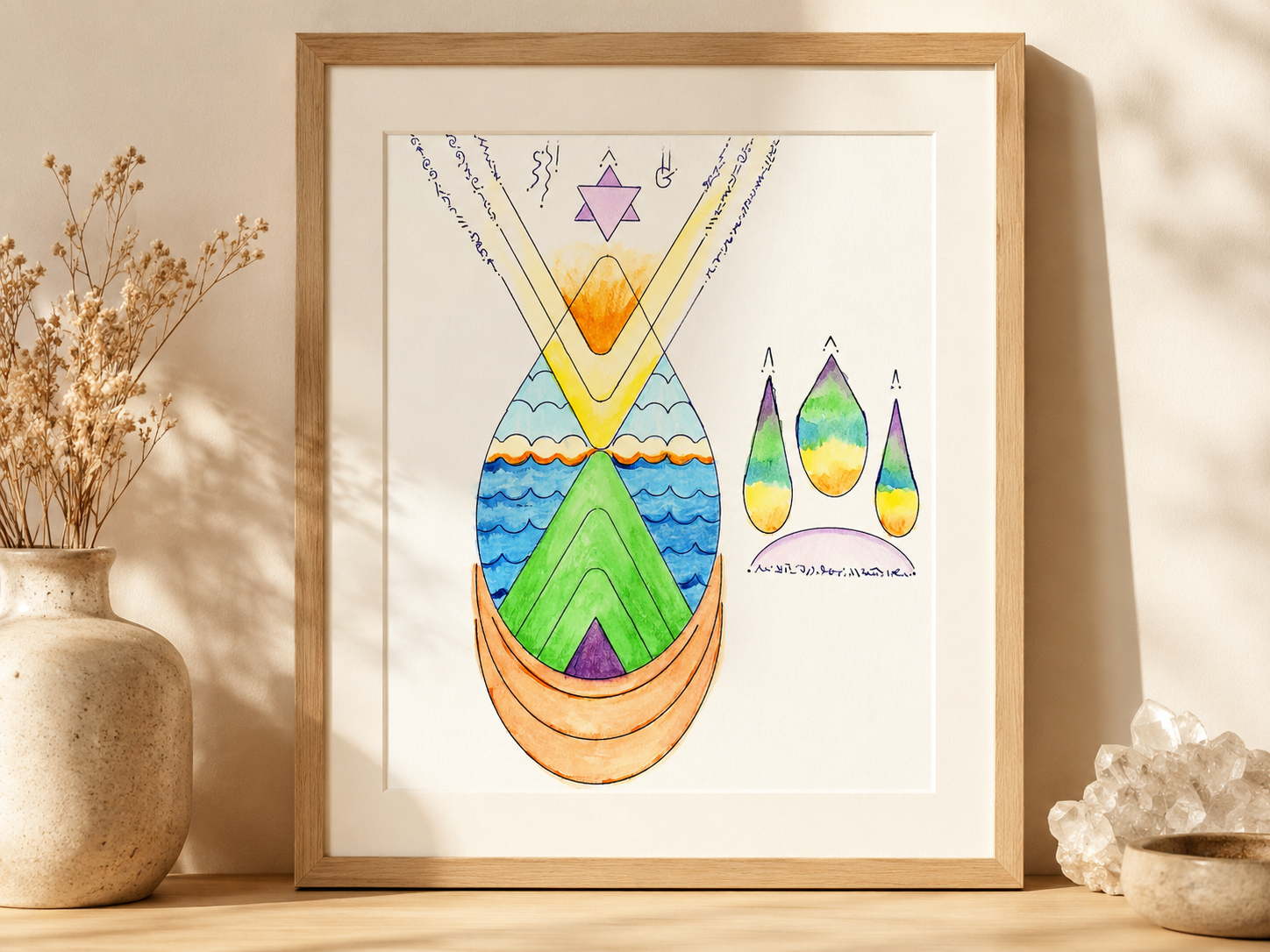 Framed example of a Living Thread Drawing Session featuring a colorful hand-drawn geometric symbol displayed as a finished keepsake.