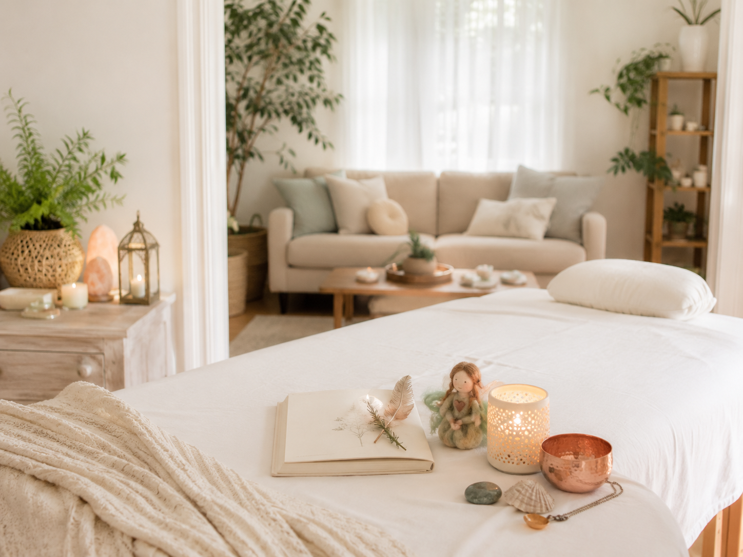 Calm session space at The Elemental Lantern featuring a white treatment table, natural decor, and a welcoming atmosphere for presence sessions and spirit-born art.