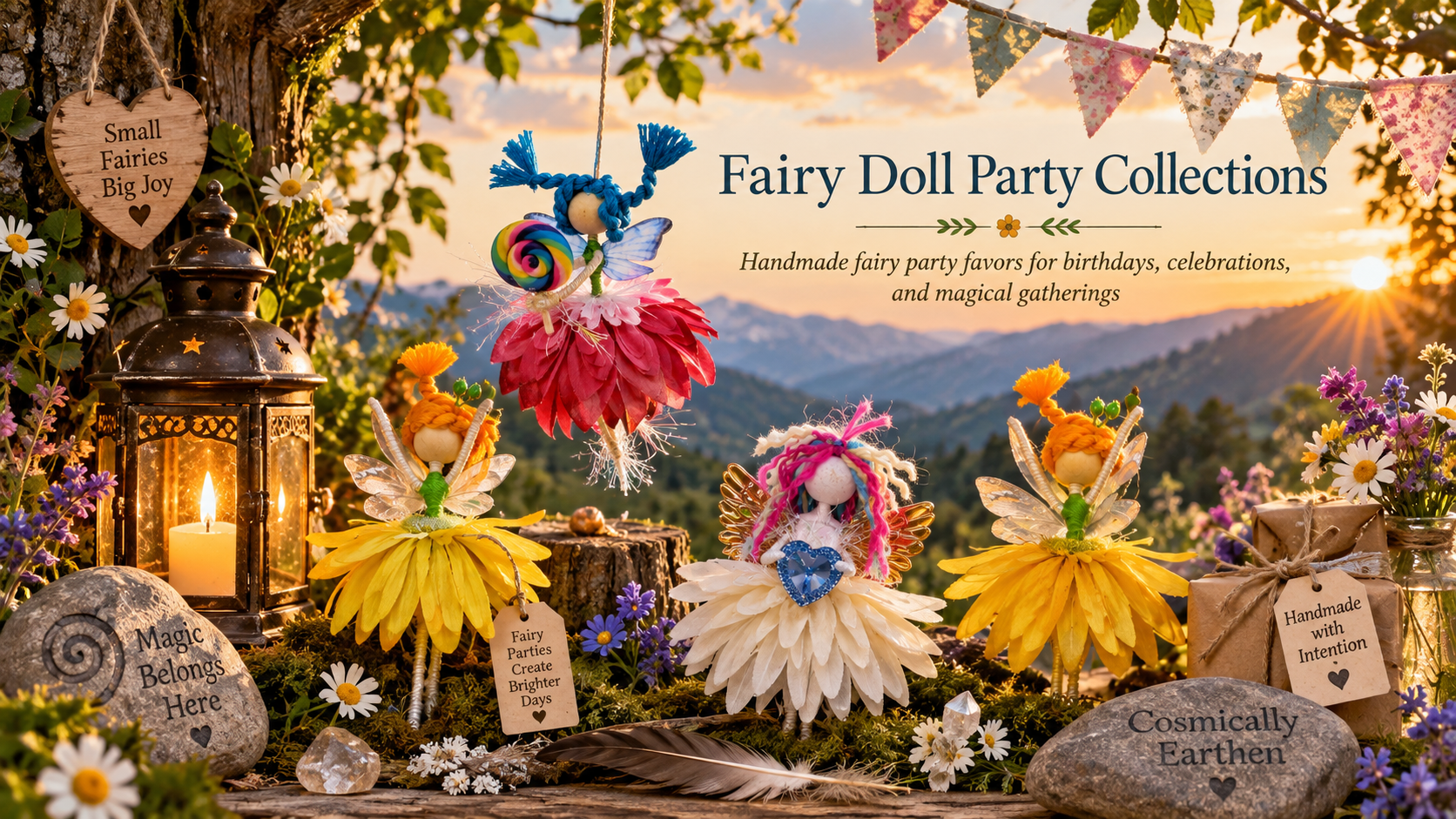 A display of handmade fairy dolls sits outdoors at sunset, surrounded by flowers, rocks with inspiring messages, a lantern with a candle, and a backdrop of mountains and a sky with soft clouds.