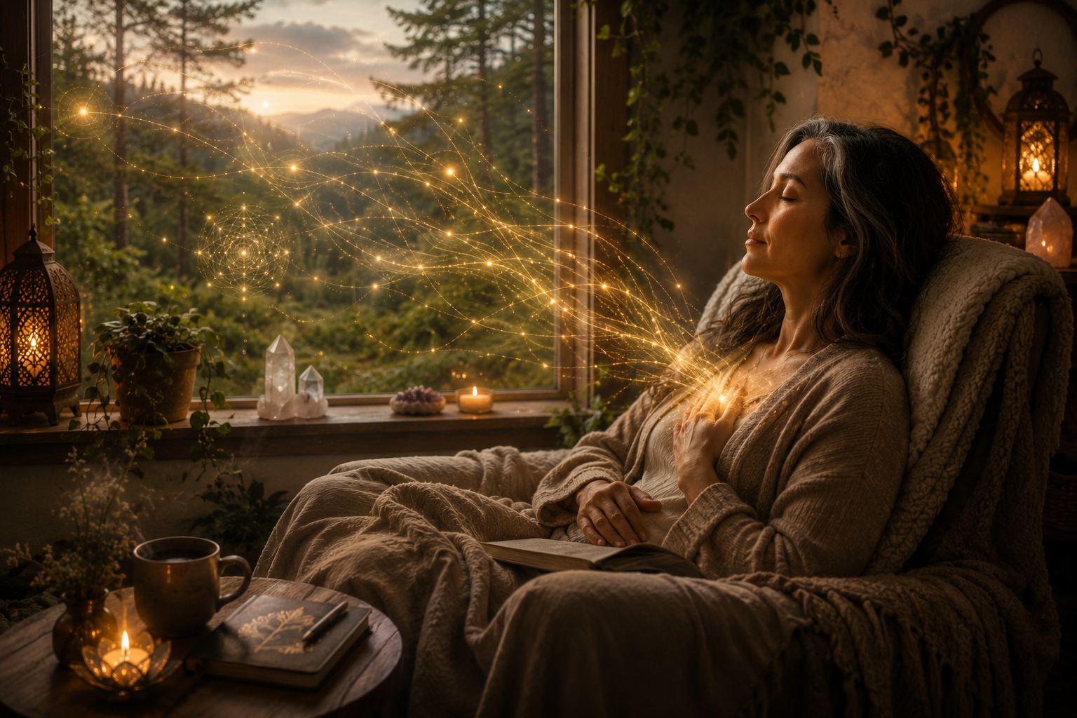 A woman relaxing in a cozy room with a view of a forest outside, sitting in an armchair with a blanket, eyes closed, with glowing golden lines and web-like patterns emanating from her chest, symbolizing energy or visualization, surrounded by candles, crystals, and plants.