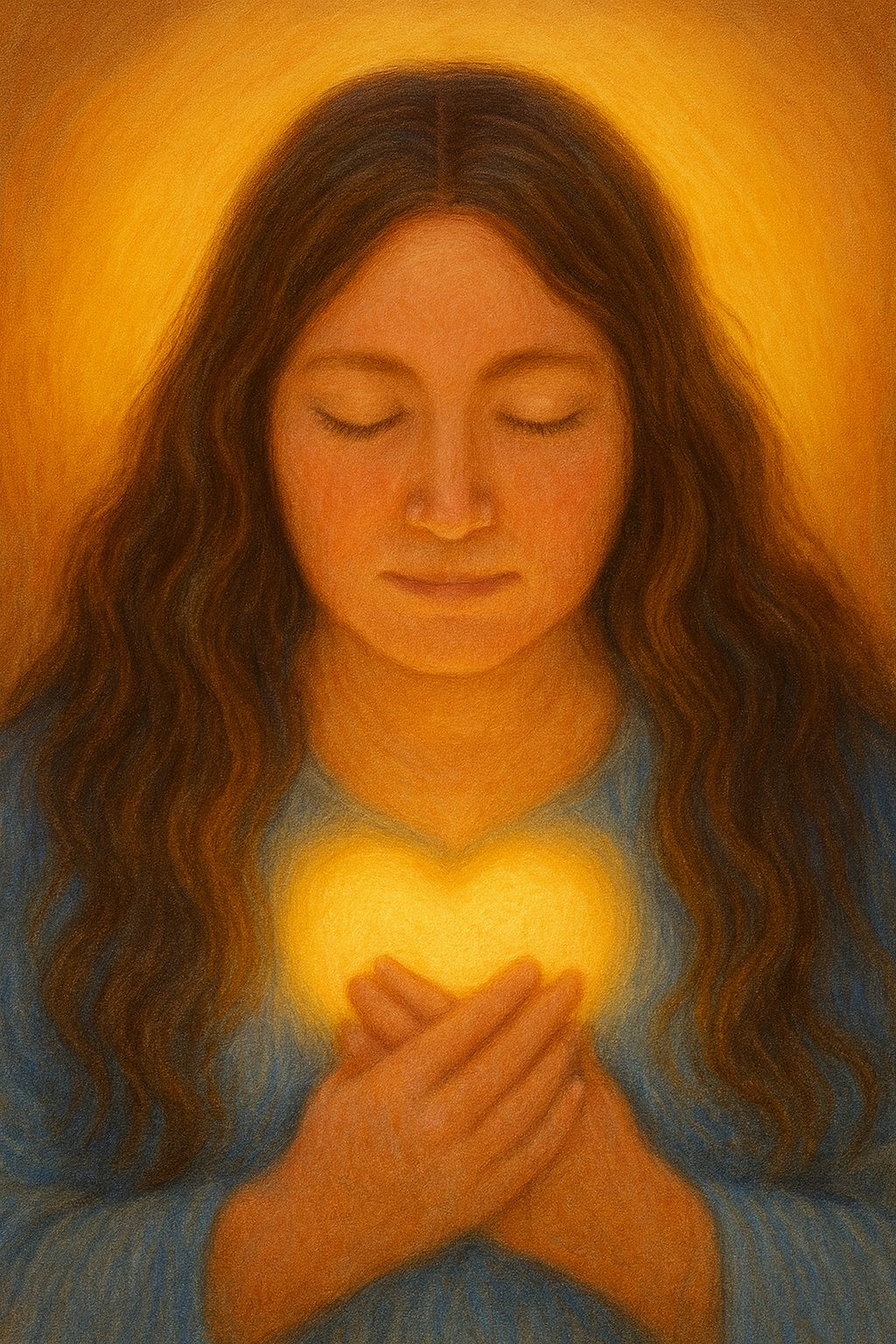 A luminous digital painting of a serene woman with long wavy hair and eyes closed, holding a glowing golden heart at her chest, radiating warmth, peace, and soulful presence.