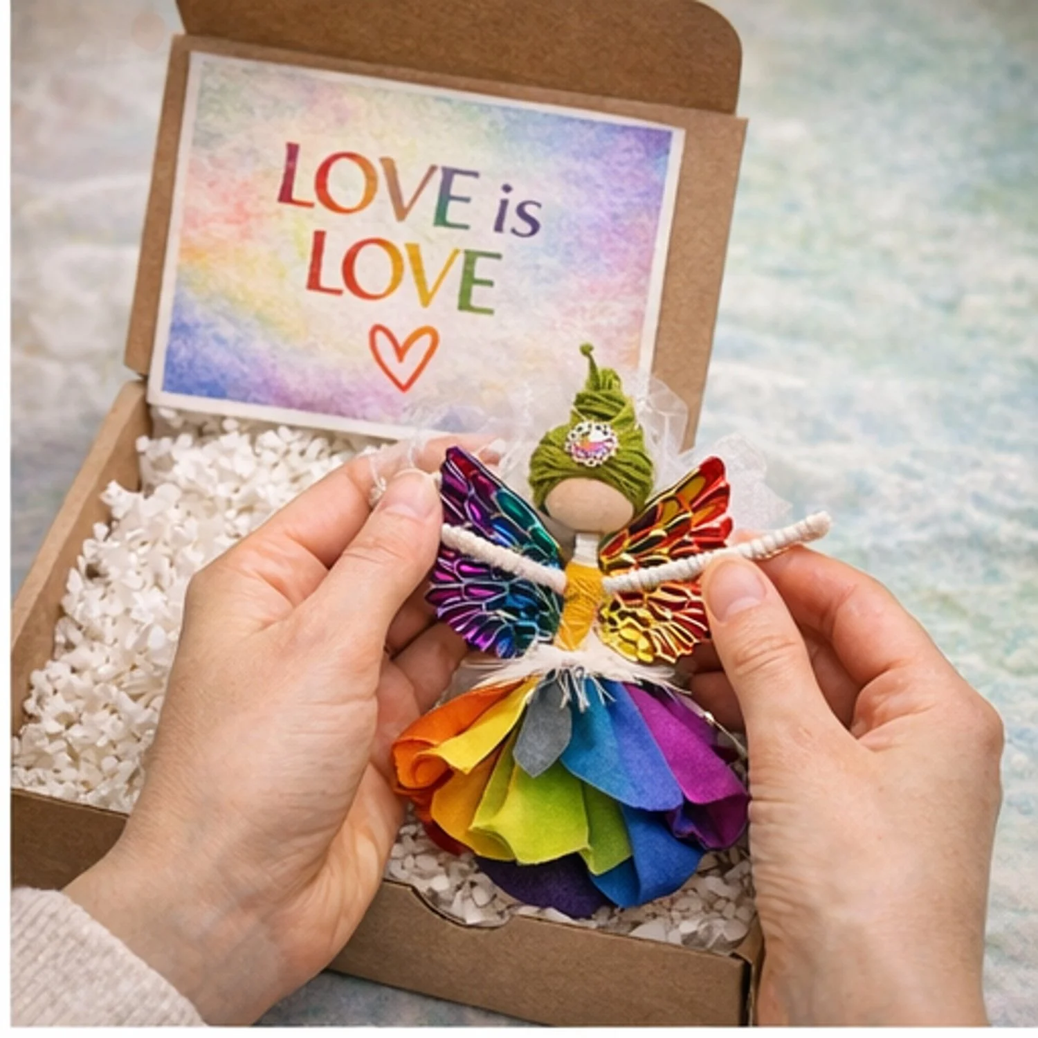 Hands opening a Love is Love Hug in a Box with rainbow fairy and affirmation card, a thoughtful LGBTQ comfort gift
