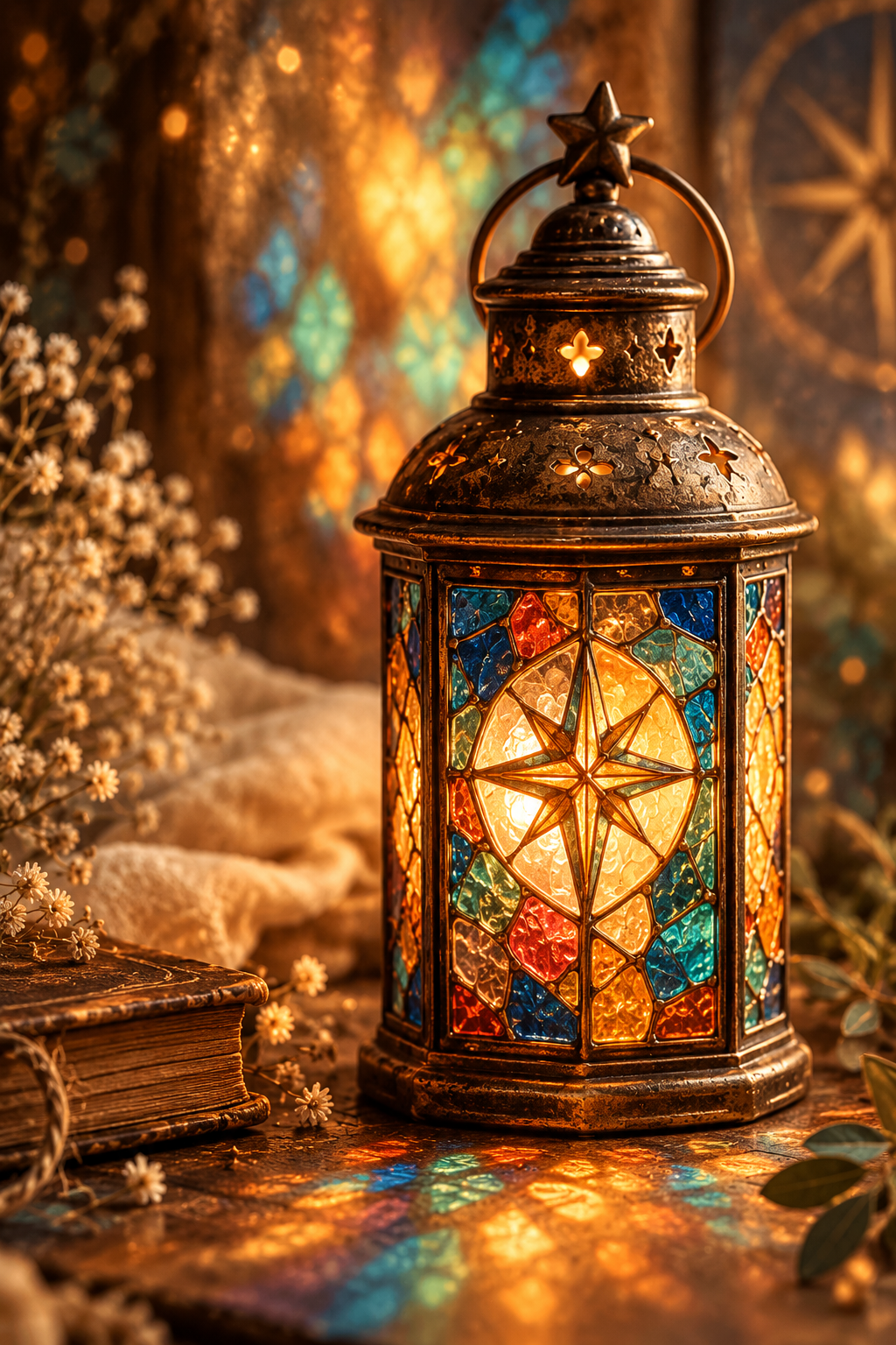 Glowing mosaic glass lantern casting colorful light, representing the many voices and experiences held by The Elemental Lantern.