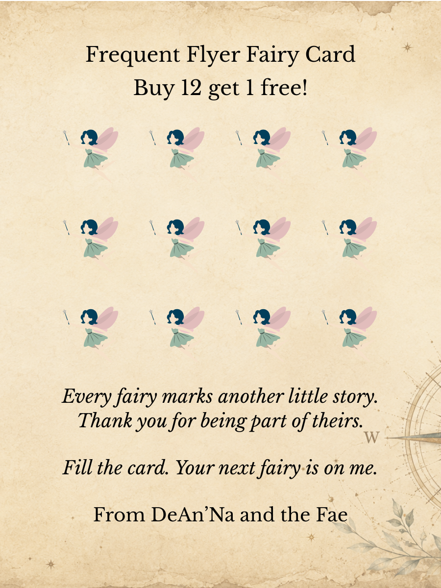 Decorative flyer offering a promotion for frequent fairy cards, with a background of scattered fairy illustrations, text about the promotion, a thank you note, and a closing from De'An'Na and the Fae.