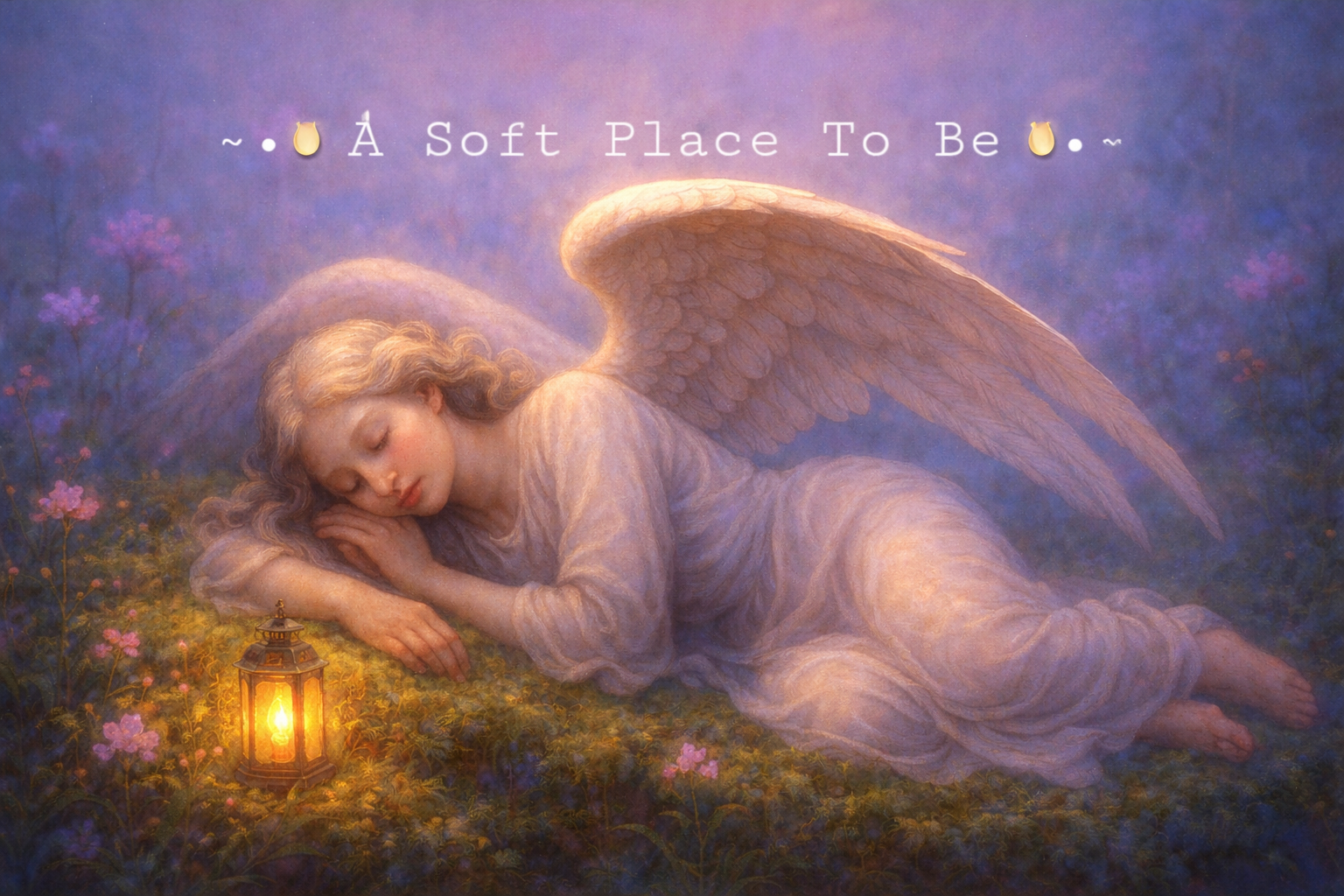 Resting angel beside a glowing lantern in a twilight meadow representing “A Soft Place To Be,” a calming reflective blog space.