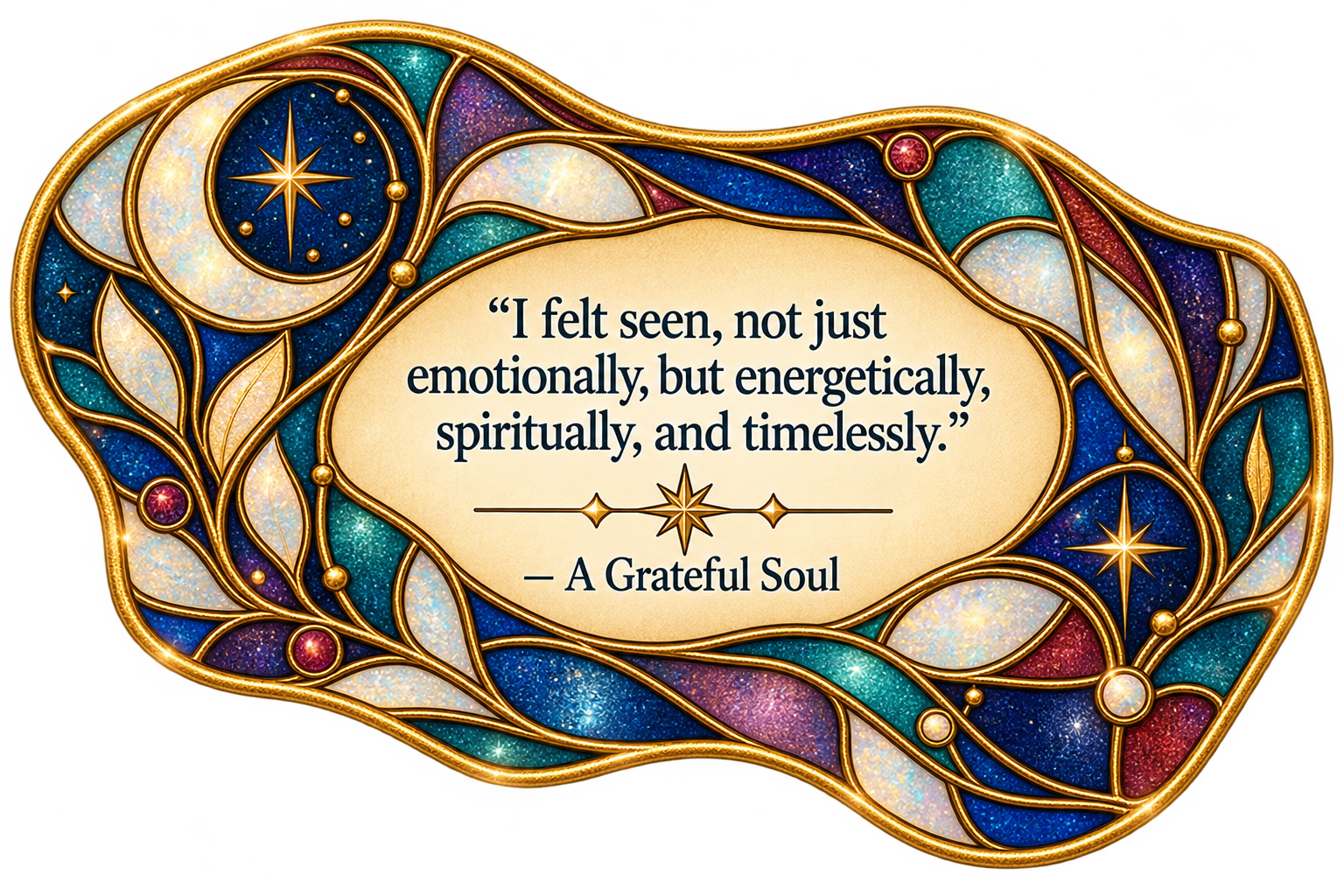 Celestial blue, violet, teal, opalescent, and gold stained-glass mosaic featuring the reflection, ‘I felt seen, not just emotionally, but energetically, spiritually, and timelessly,’ attributed to A Grateful Soul.