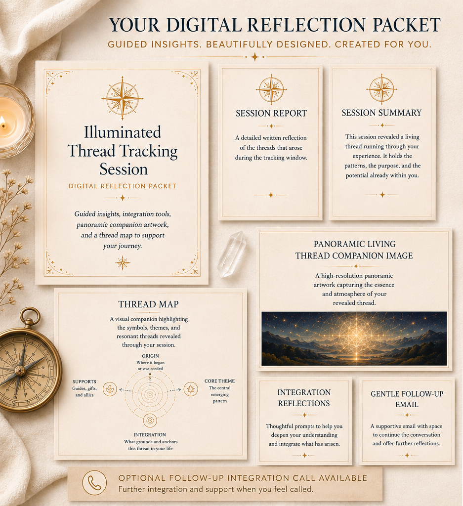 Printed Illuminated Thread Tracking Session materials displayed with a lit candle, including reflection pages, session notes, and integration support.