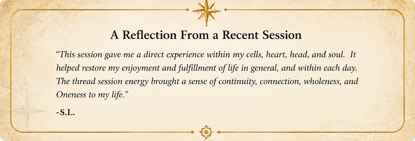 Parchment-style client testimonial for The Elemental Lantern describing soul recognition, meaningful artwork, and feeling light, relaxed, and softened after a session.