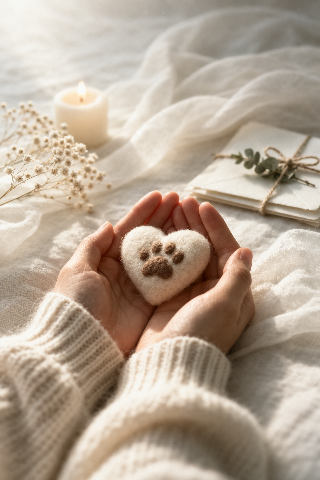 needle felted pet memorial heart with paw print held in hands handmade keepsake for loss of dog or cat