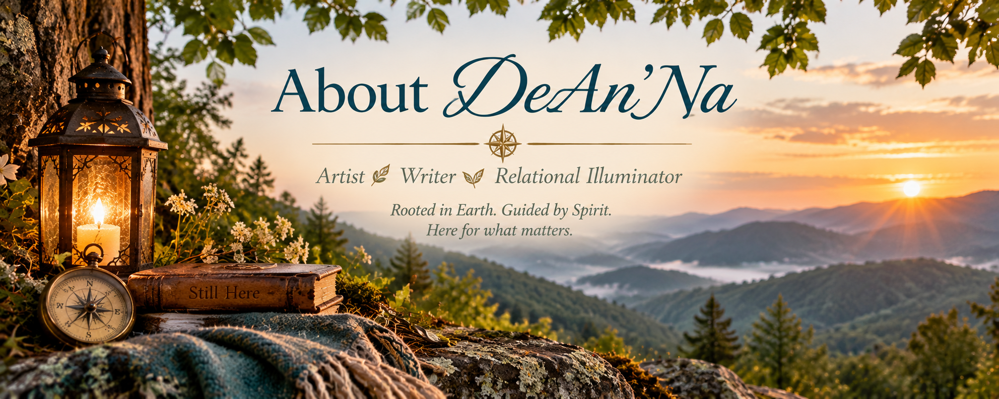 A scenic outdoor view at sunset with mountains and a forest. In the foreground, there is a lantern with a lit candle, a compass, a weathered book with 'Still Here' on the cover, and some white flowers on a blanket. The image features overlayed text that reads 'About DeAnNa' with a subtitle 'Artist, Writer, Relational Illuminator' and a quote 'Rooted in Earth. Guided by Spirit. Here for what matters.'