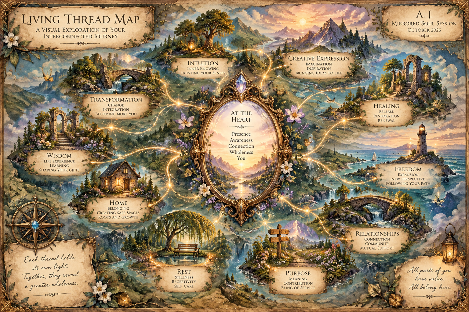 Illustrative Living Thread Map with an ornate central mirror, ten labeled qualities, and glowing pathways connecting landscapes of mountains, forests, rivers, and coastlines in blue-green and lavender tones.