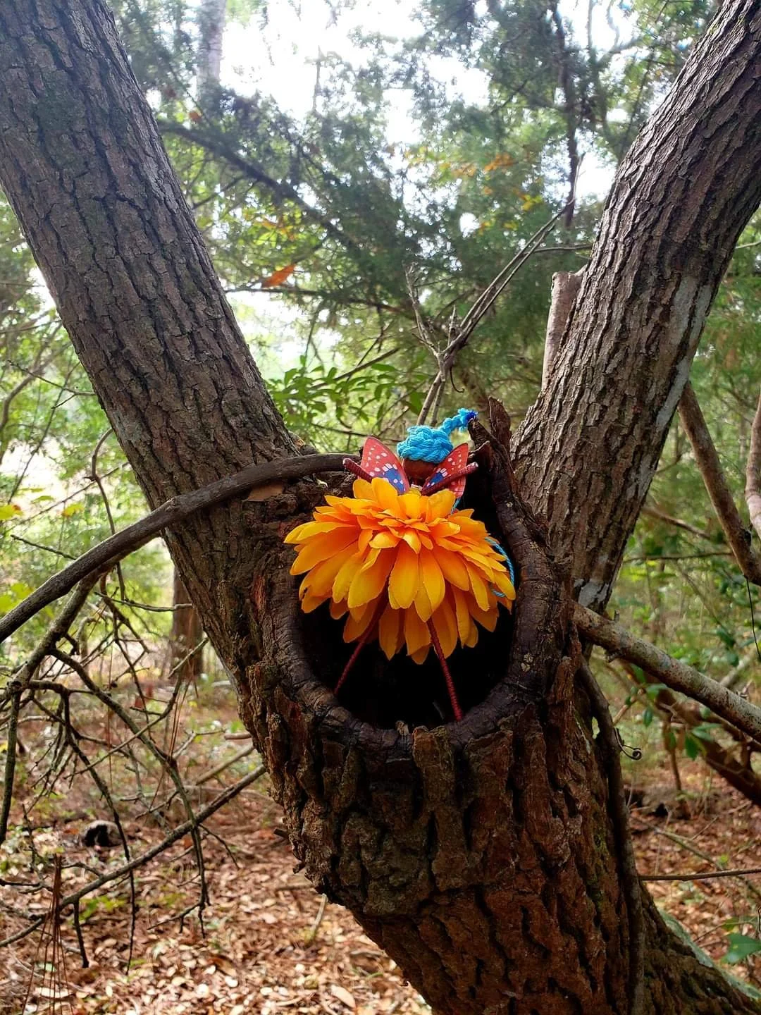 Colorful handmade butterfly and flower craft attached to the trunk of a tree in a wooded area.