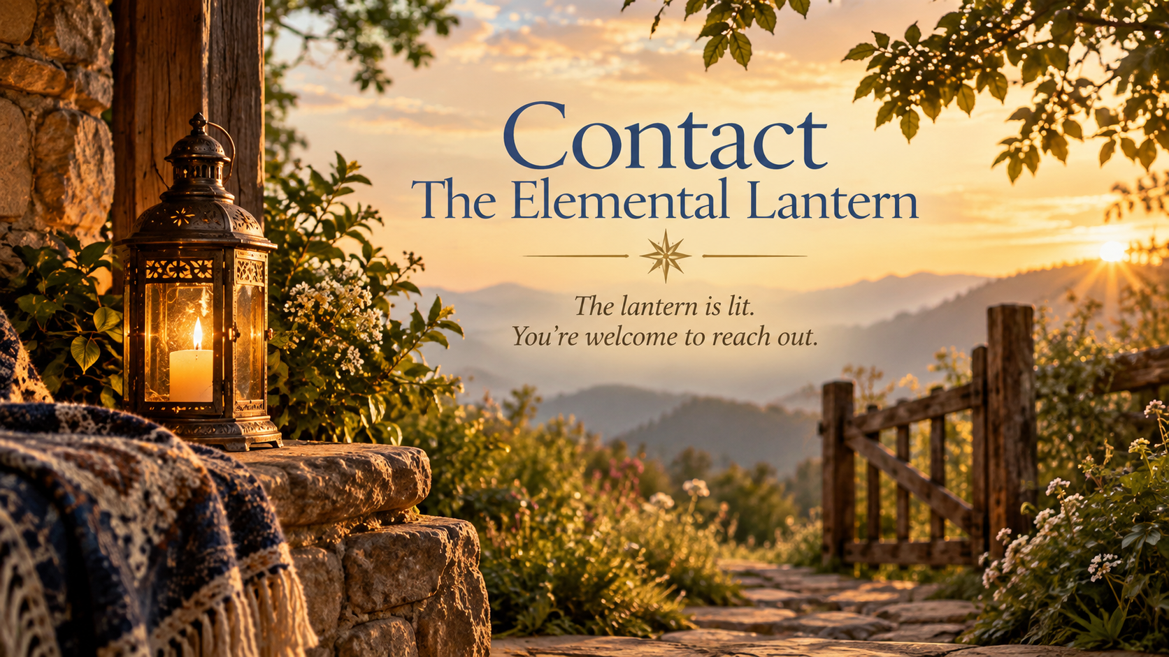 Sunset over a mountain landscape with a lit lantern on a stone wall and a wooden gate leading to a garden with blooming flowers.