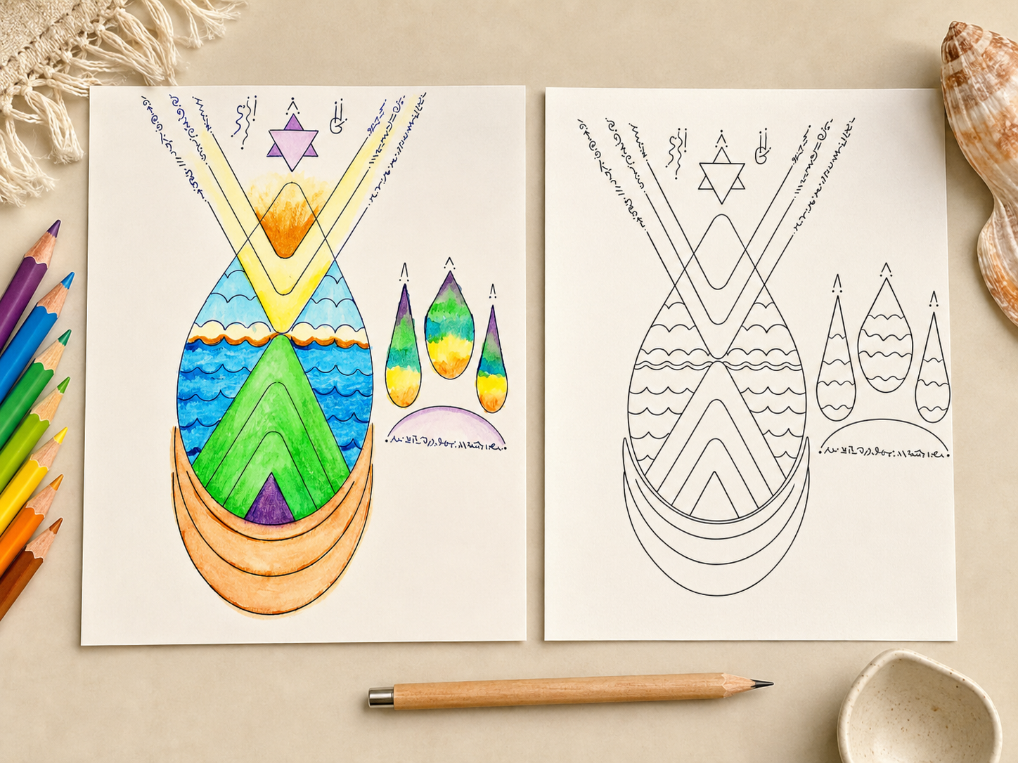 Example of a Living Thread Drawing Session showing a finished colored geometric symbol drawing beside its line drawing integration page for coloring, reflection, or personal additions.