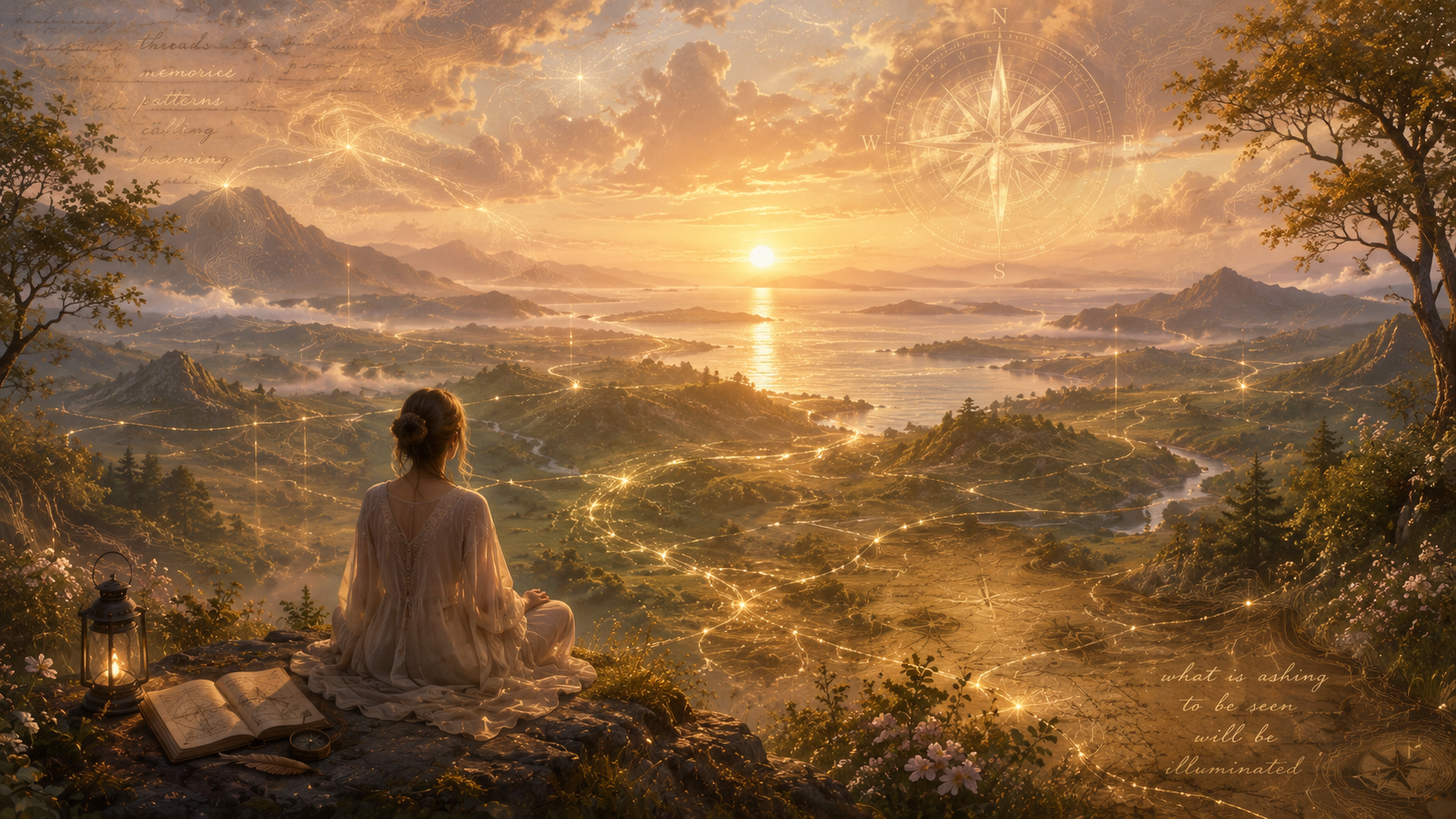 A woman in a flowing dress sitting on a rocky ledge overlooking a glowing, magical landscape at sunset. The scene includes mountains, rivers, and a sky filled with clouds and constellations, with mystical lines and a compass overlay. Lanterns and an open book are nearby.