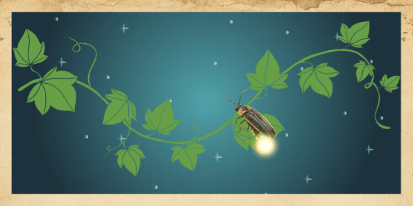 A glowing firefly rests on an aged map beside trailing ivy, its golden light gently flashing like a small lantern guiding the way.