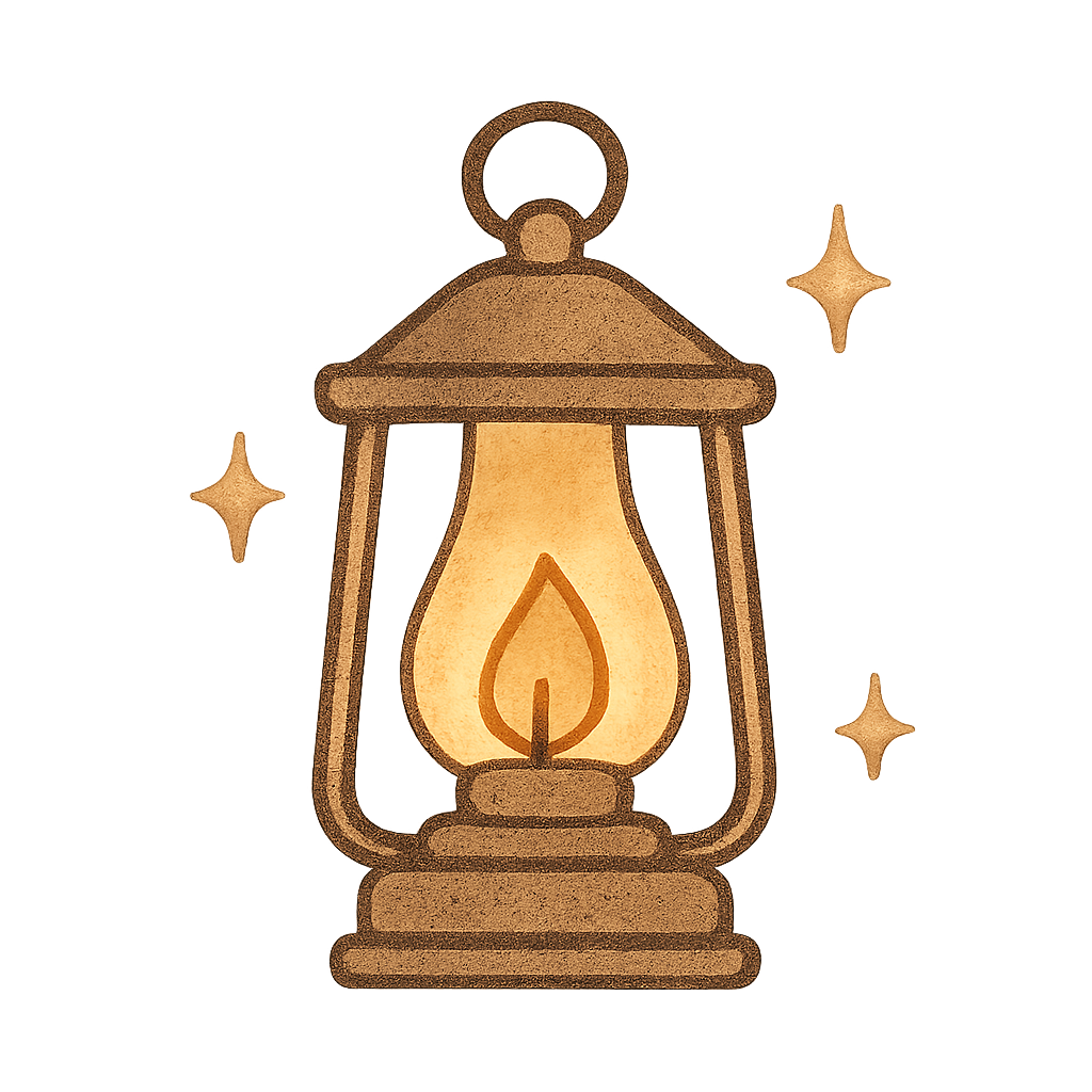 A decorative lantern with a warm glow, surrounded by small star-shaped sparkles.