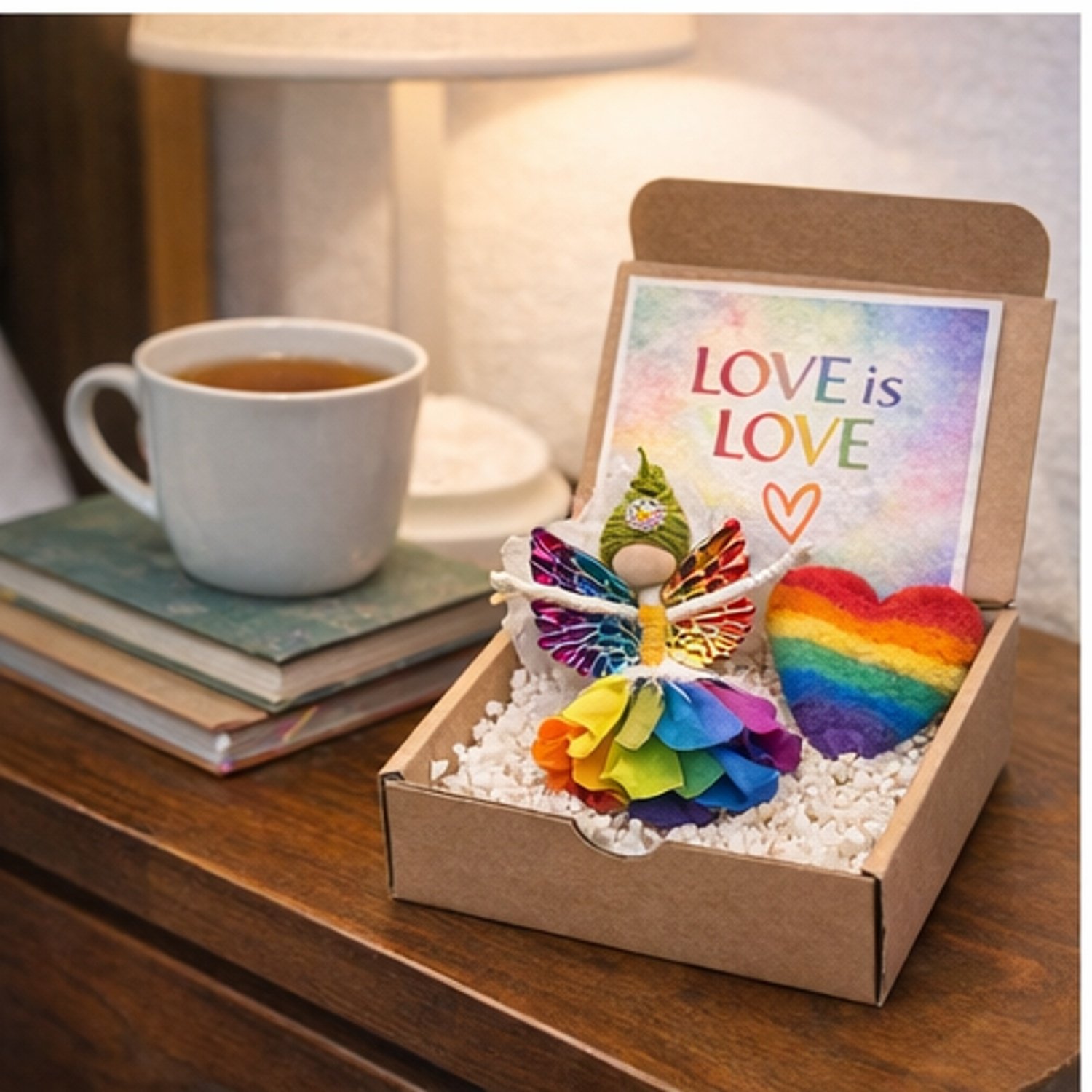 Love is Love Hug in a Box placed on a bedside table with tea, a comforting rainbow fairy care package gift for support and encouragement