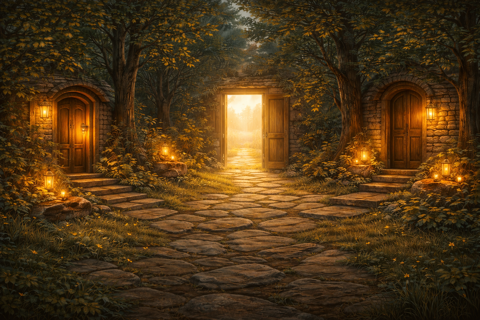 Lantern-lit forest pathway with multiple doorways representing different presence sessions and guided choices for personal clarity