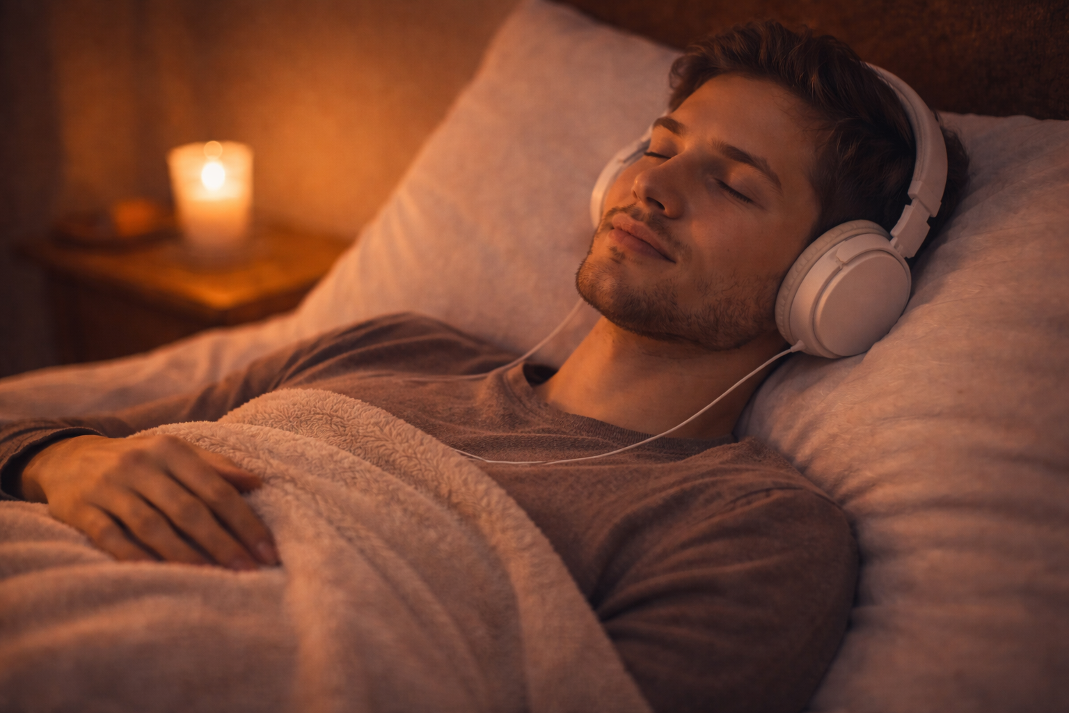 Man resting with eyes closed while listening to immersive relaxation audio through headphones, lying in a warm, softly lit space, supporting calm, nervous system regulation, stress relief, and restful sleep.