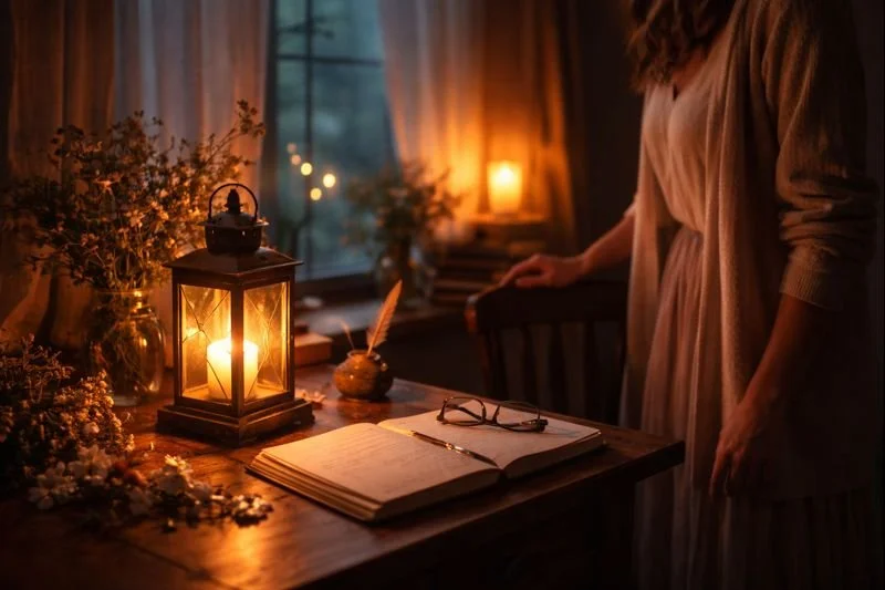 A softly lit room at dusk with a glowing lantern on a wooden writing desk, an open notebook, and the quiet presence of a person nearby, creating a calm, reflective atmosphere.