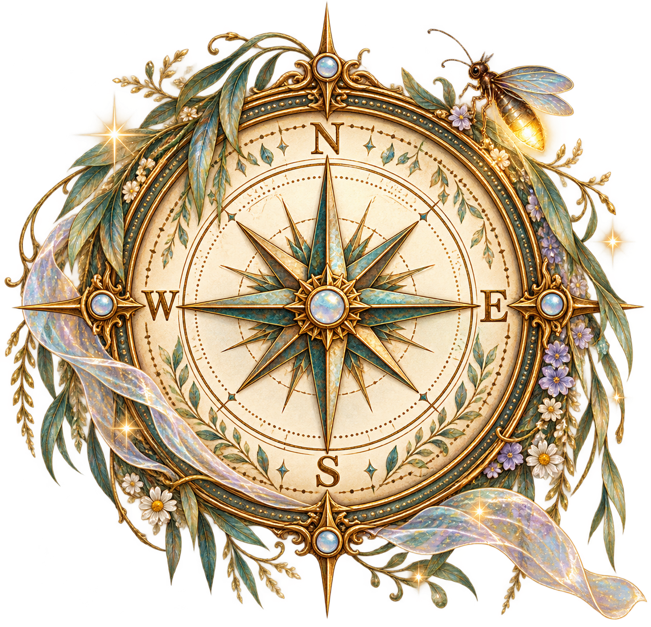 Ornate vintage compass surrounded by foliage, flowers, ribbons, sparkling accents, and a glowing bee