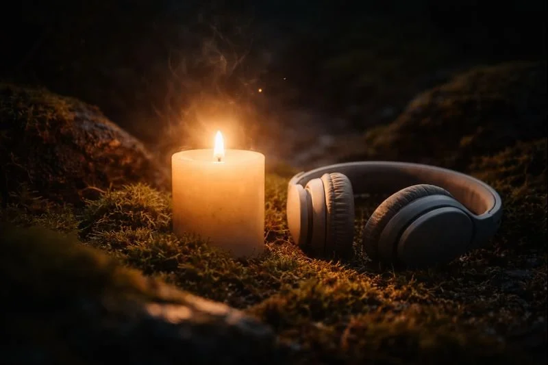A softly glowing candle resting on moss beside a pair of headphones, creating a calm, grounded invitation to listen.