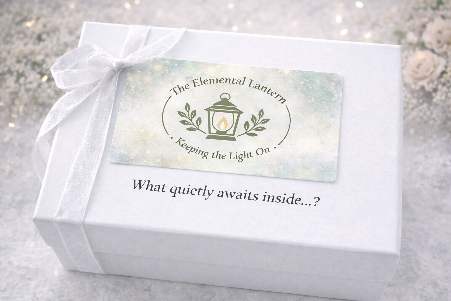 White gift box with a ribbon, featuring a label with a lantern illustration and the words 'The Elemental Lantern, Keeping the Light On,' along with the phrase 'What quietly awaits inside...?'.