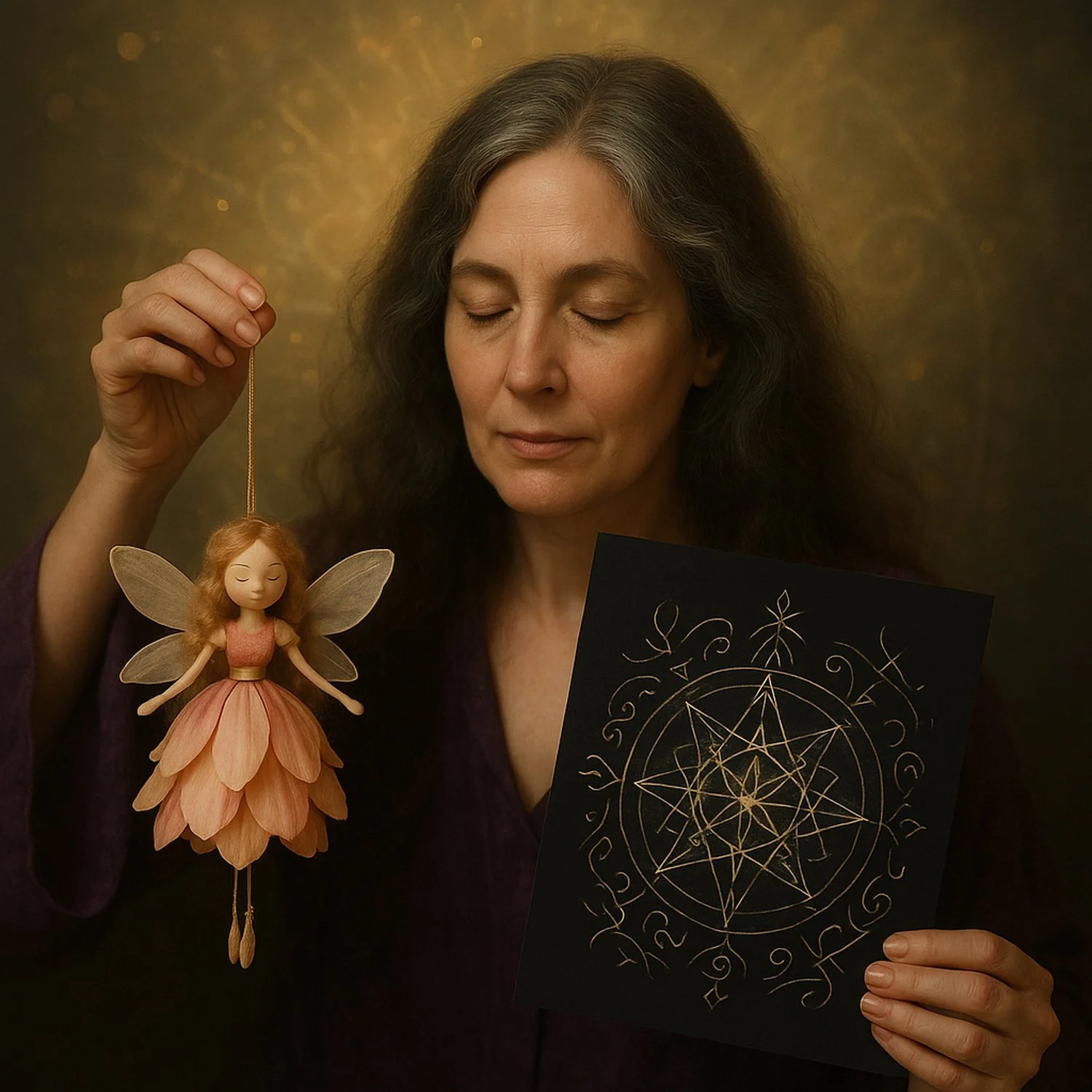 A woman with long dark hair holding a fairy doll with wings and a dress, and a black card with gold mystical symbols, against a gold and brown background.