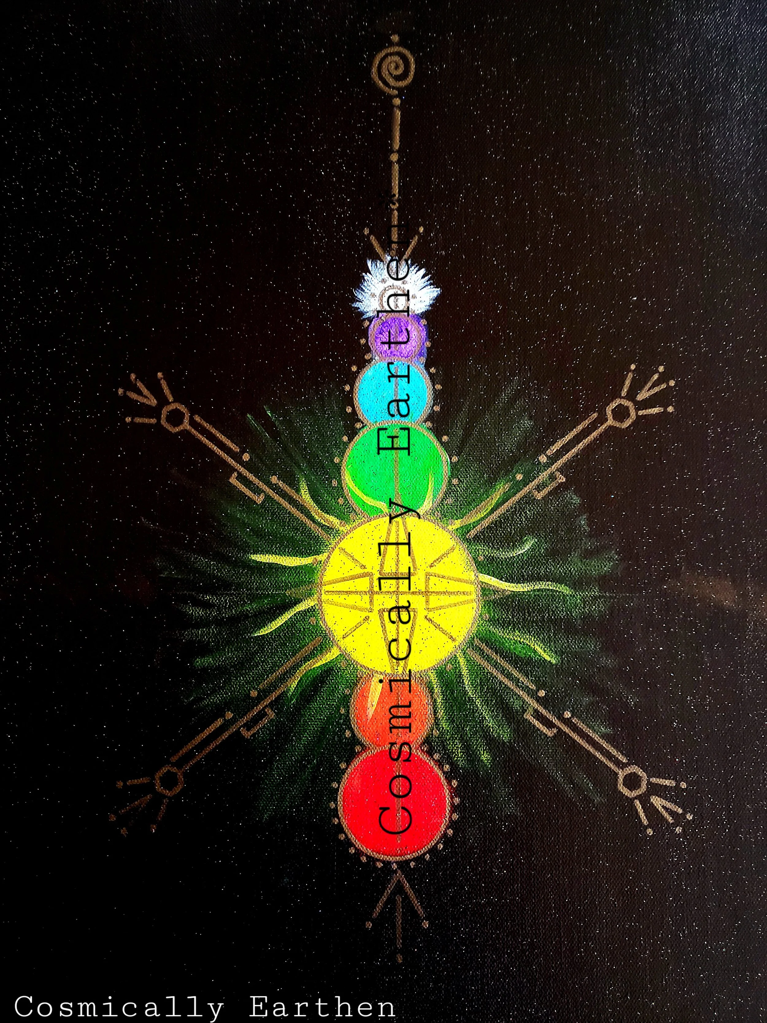 Colorful illustration of the chemical structure of caffeine, with a rainbow gradient background resembling outer space, and the words 'Cosmically Earthen' at the bottom.