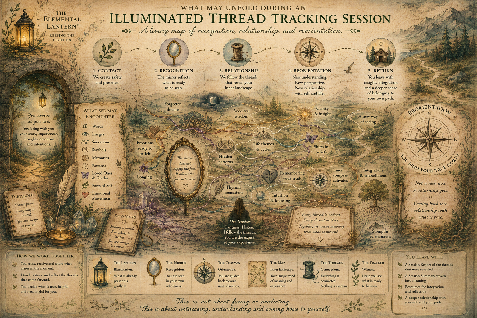 An illustrated map titled 'Illuminated Thread Tracking Session' depicting a spiritual journey with paths, symbols, and text. The map details five stages: Contact, Recognition, Relationship, Reorientation, and Return, each with descriptions about understanding oneself and inner landscape. It includes decorative elements like lanterns, crystals, trees, mountains, and birds, with instructional notes and explanations about the process of reflection and awareness.