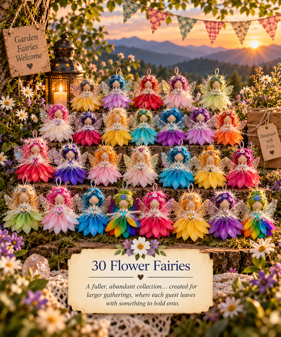Thirty colorful handmade flower fairy dolls with petal skirts, iridescent wings, and sparkling details arranged for a large fairy party with mountains at sunset.