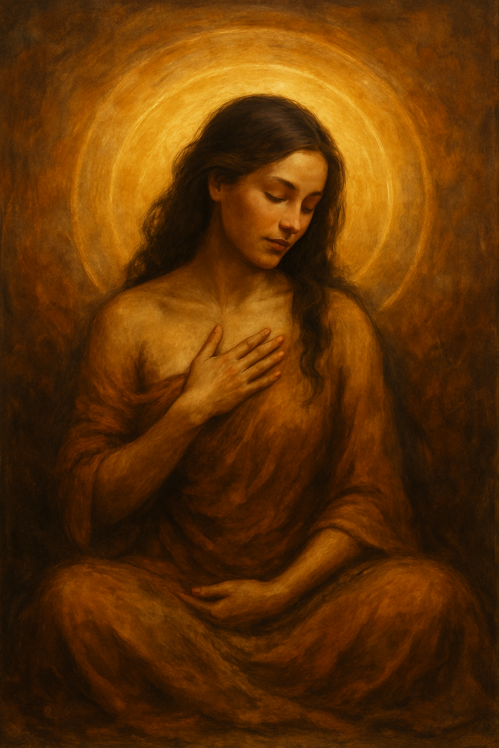 Serene woman with golden halo, eyes closed in reflection, surrounded by warm earthy tones—symbolizing self-love, healing, and sacred embodiment.