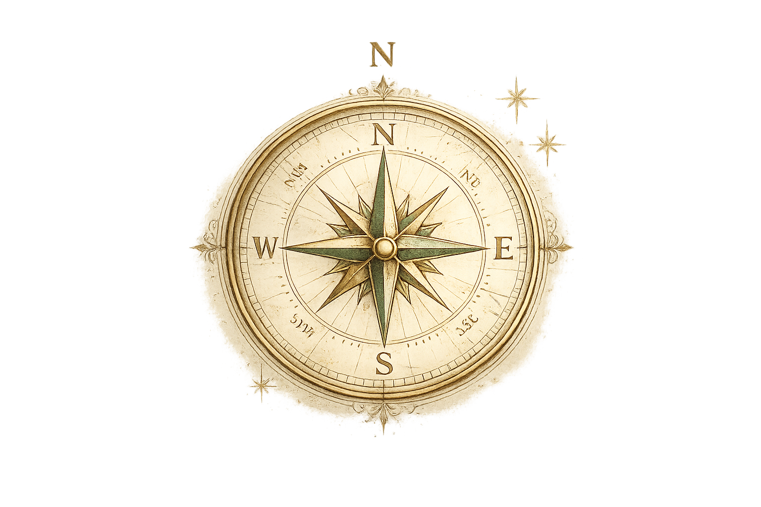 A vintage compass with a distressed gold and green design on a beige background.
