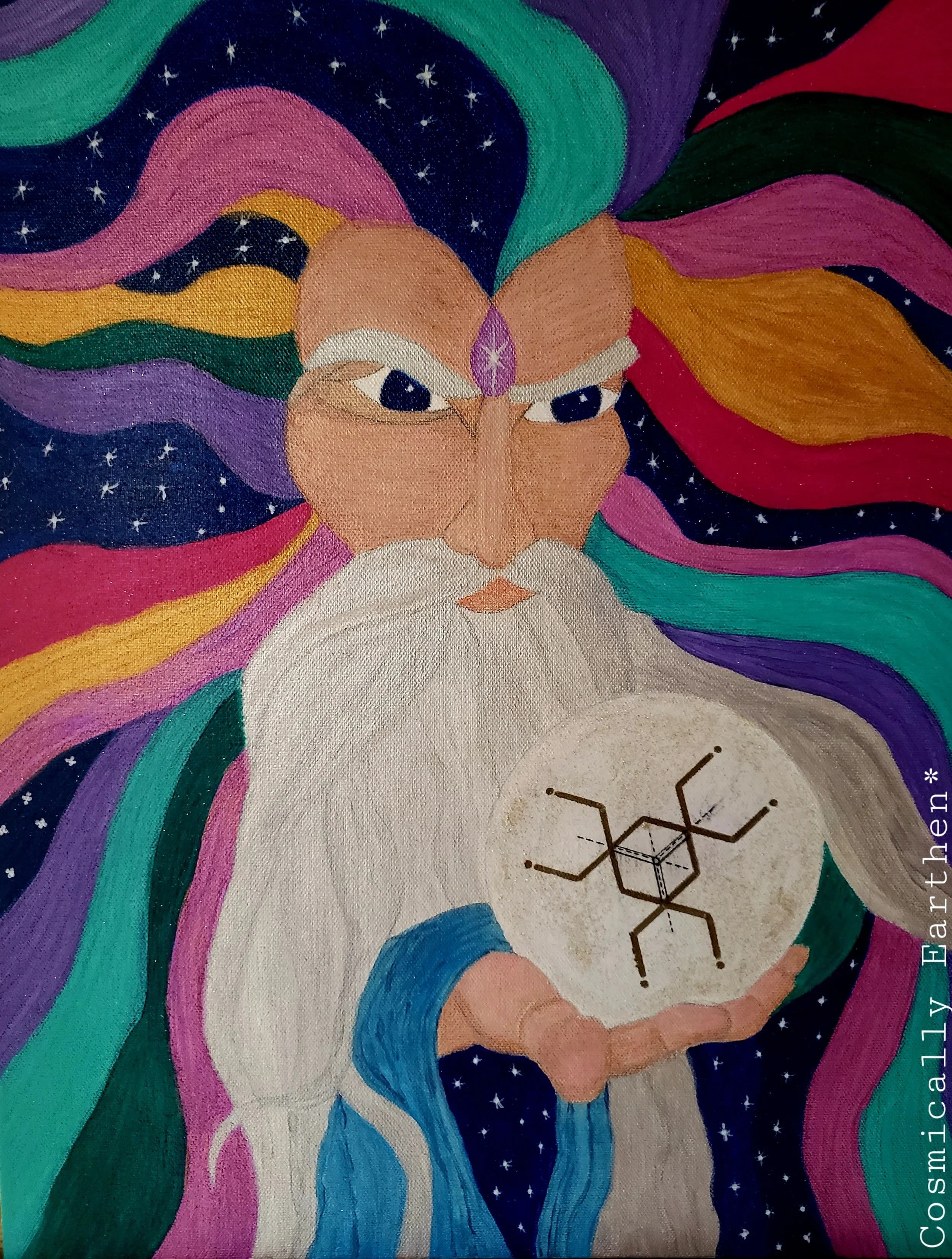 A colorful painting depicts a wise old figure with a long white beard, holding a glowing orb with a molecular structure inside it. The figure has a purple diamond-shaped mark on his forehead and long flowing hair in rainbow colors, set against a starry background.