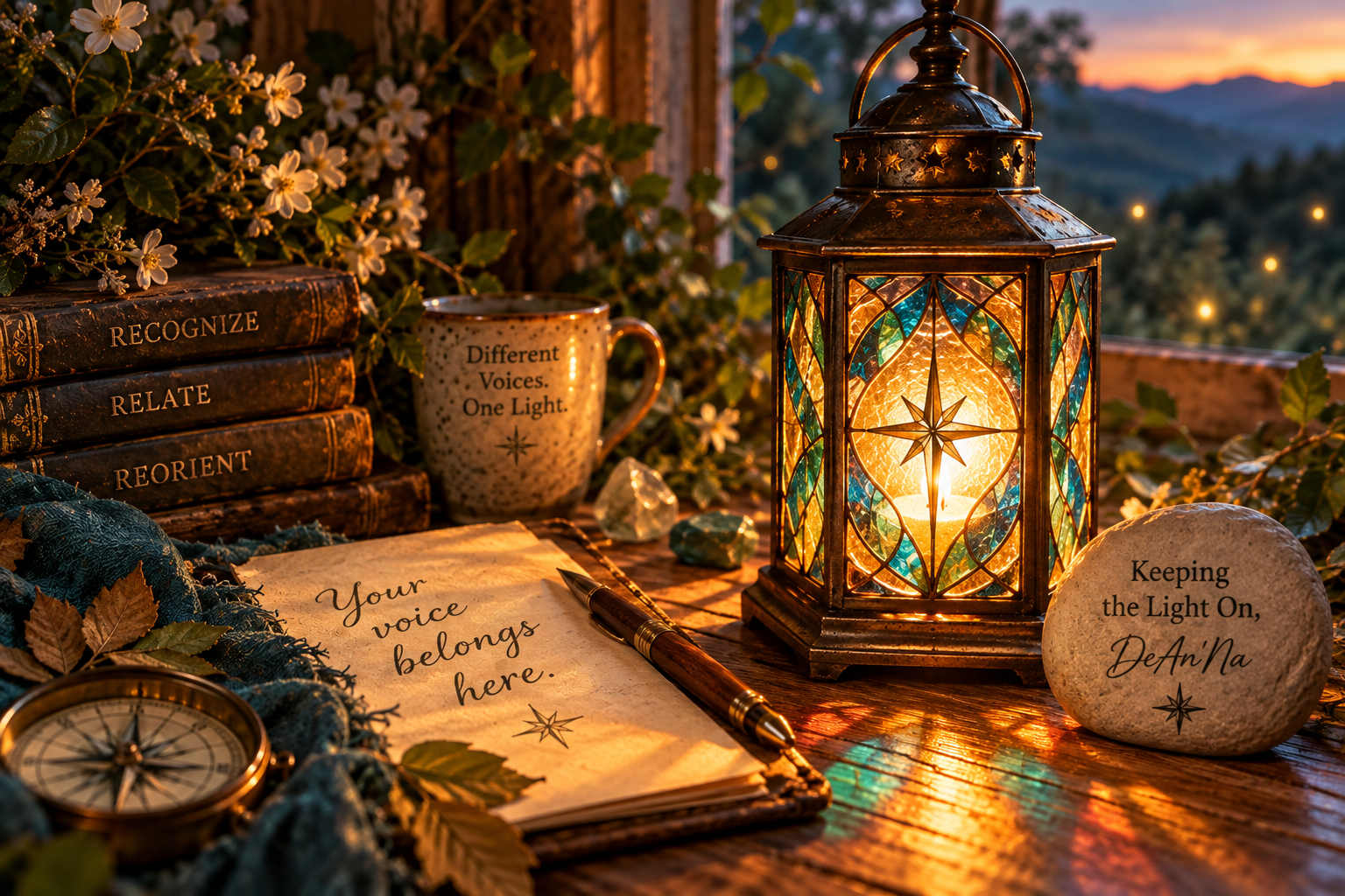 Glowing stained-glass lantern beside a compass, flowers, journal, and books representing Recognize, Relate, and Reorient, with the words ‘Your voice belongs here’ and ‘Keeping the Light On, DeAn’Na.’