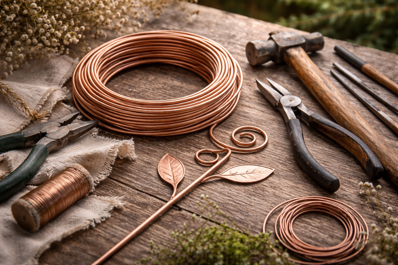 Copper wire coils, metal leaf and swirl ornaments, and various tools including pliers, hammers, and chisels on a wooden surface.