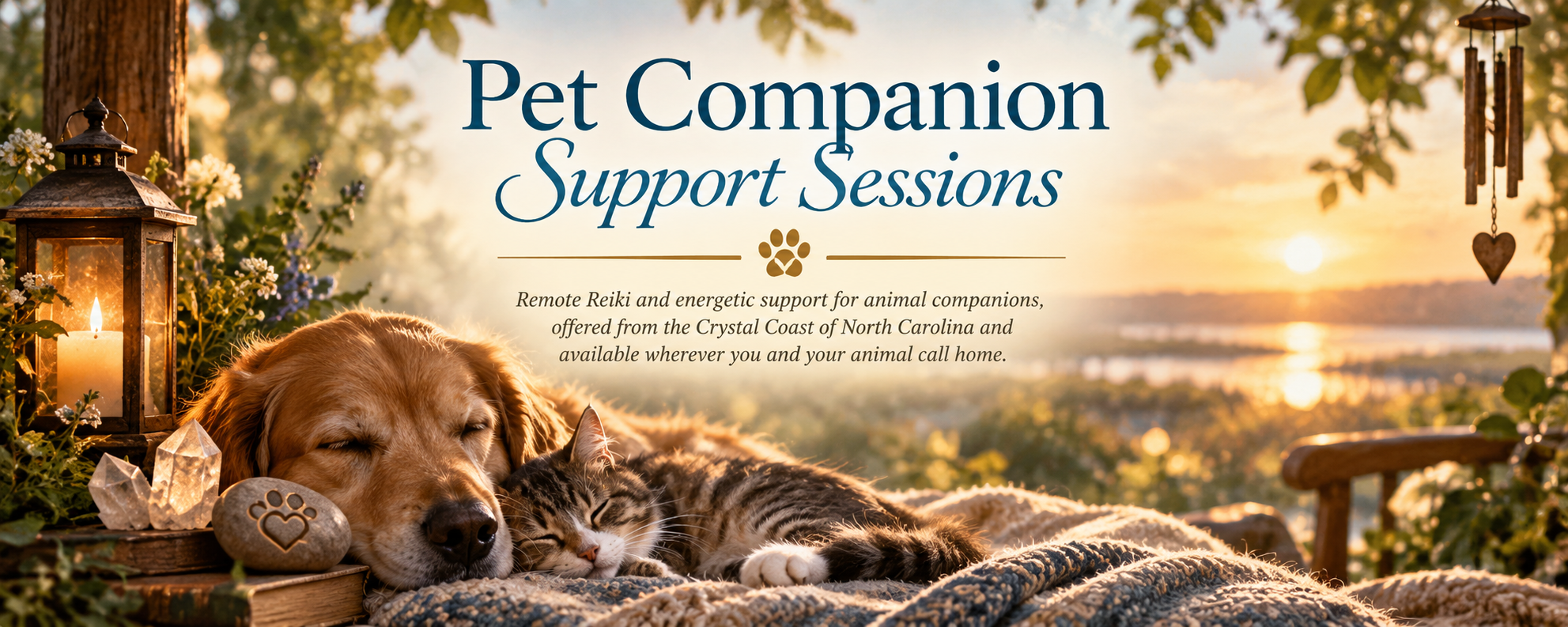 Dog and cat resting peacefully beside a glowing lantern at sunset for Pet Companion Support Sessions with remote Reiki and energetic support.