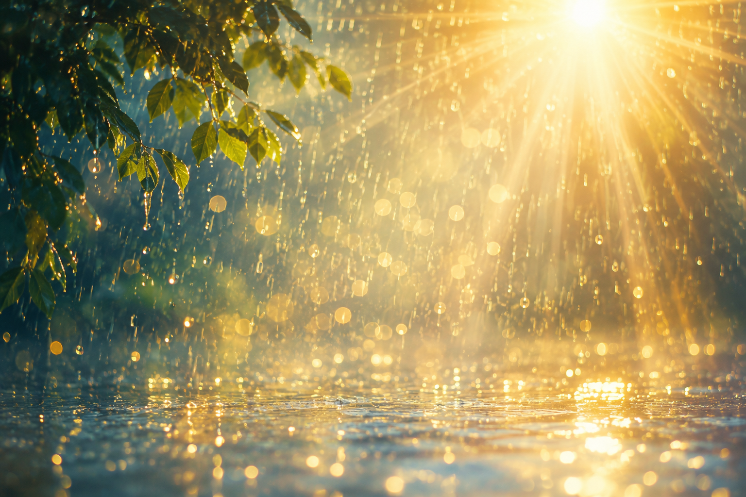 Sunlight glowing through falling rain over water and green leaves, creating a soft luminous atmosphere.