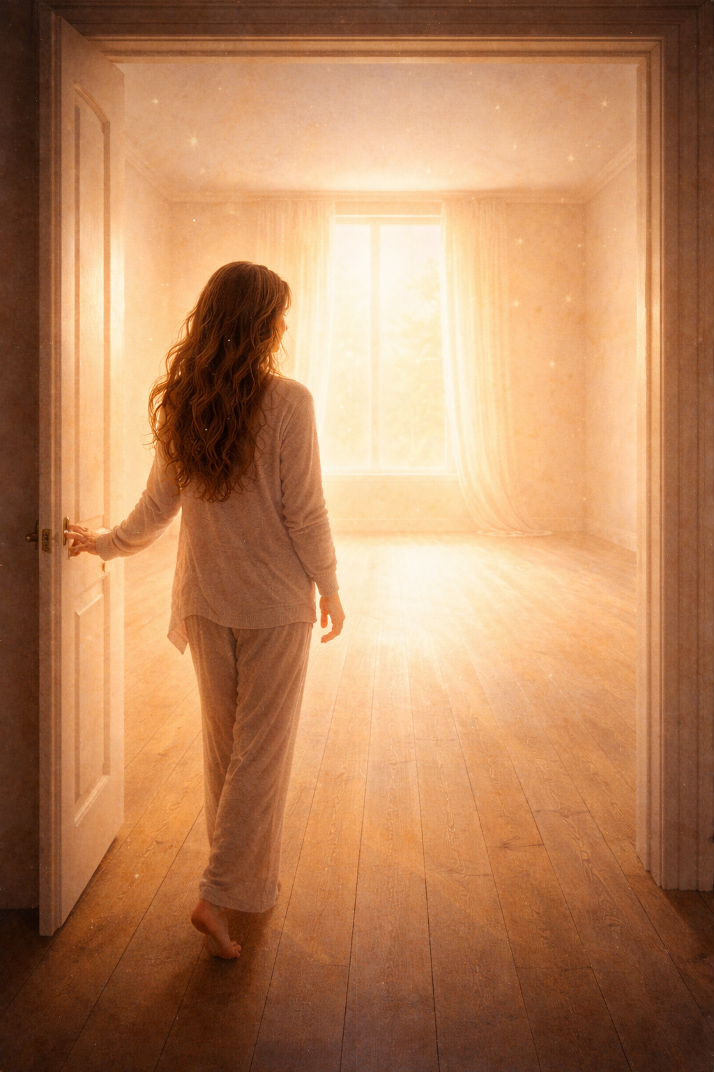 Woman walking into a softly lit open room symbolizing entering a reflective presence session and personal self-recognition