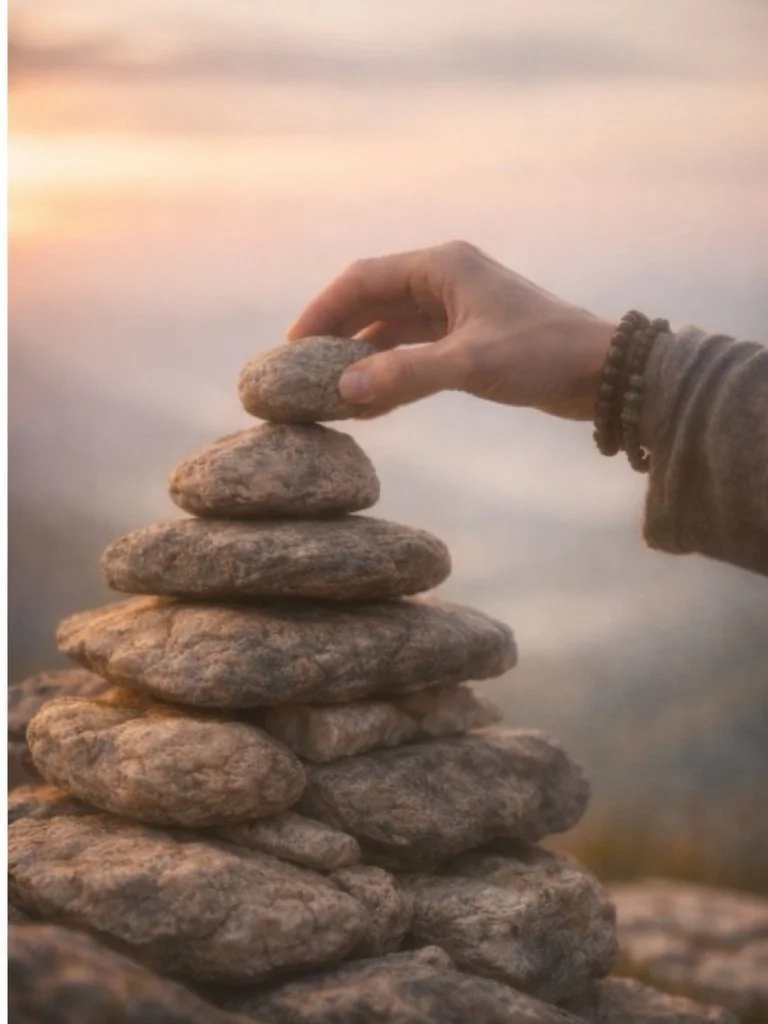 A hand gently placing a stone on a small cairn in a peaceful natural setting.