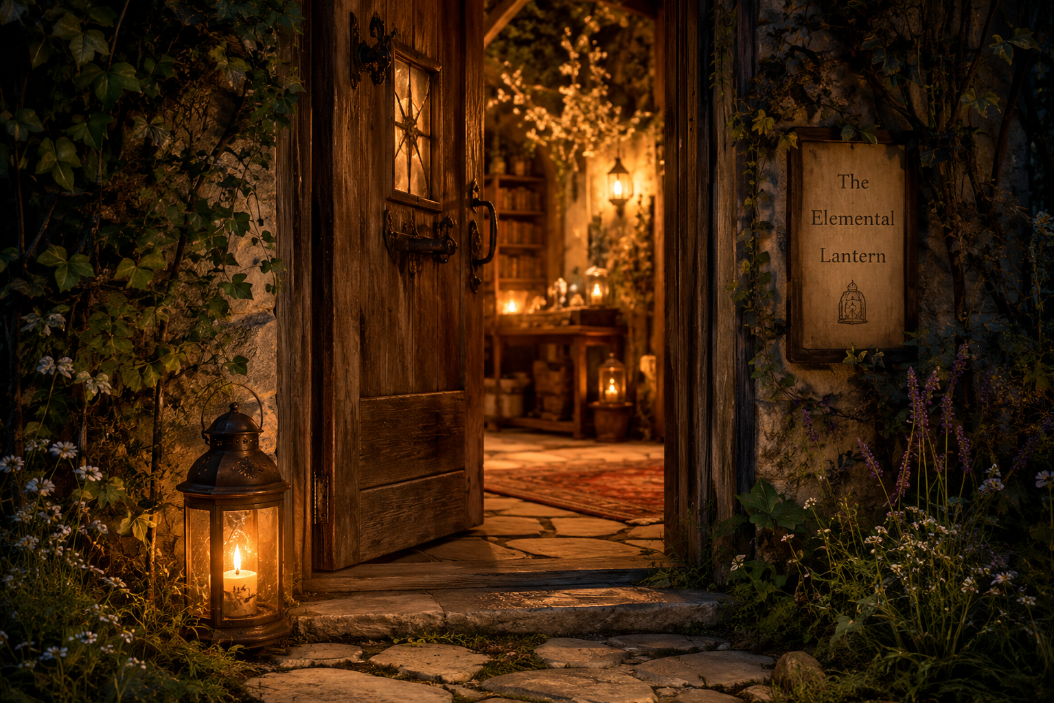 An open wooden doorway glowing with warm lantern light, welcoming visitors into The Elemental Lantern.
