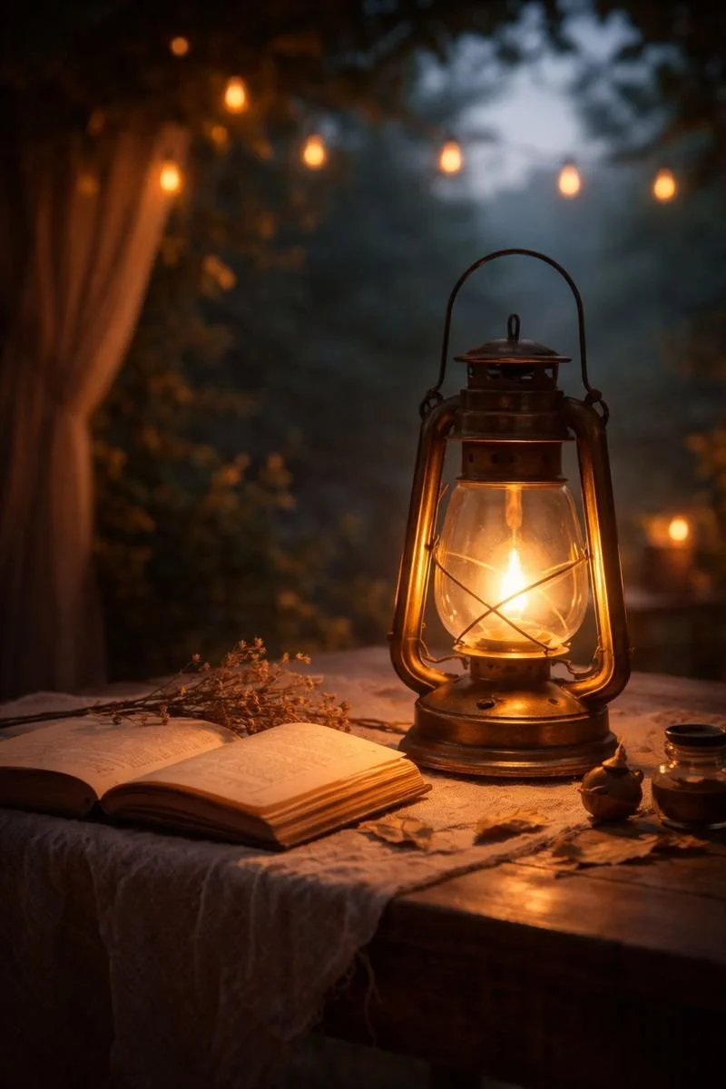 A softly glowing lantern on a wooden table at twilight, illuminating an open book and dried flowers, evoking calm presence and quiet reflection.
