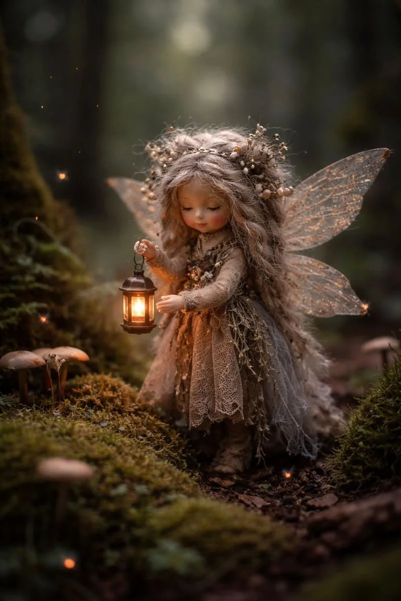 A small handcrafted fairy holding a glowing lantern, standing quietly in a mossy forest at twilight.