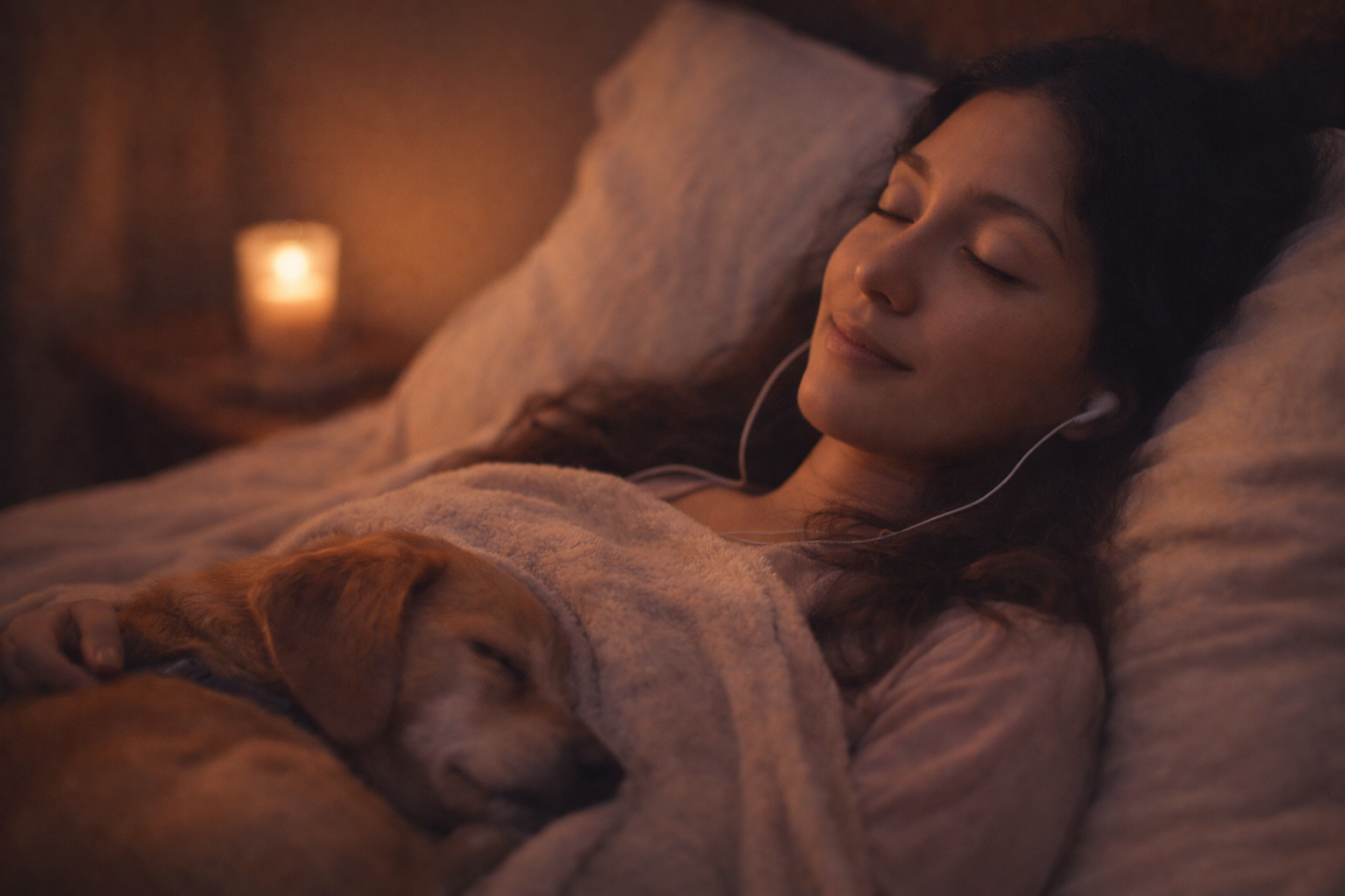A woman with dark hair and freckles listens to music with earphones while lying in bed, smiling with a small brown puppy sleeping on her chest, in a dimly lit room with a candle in the background.