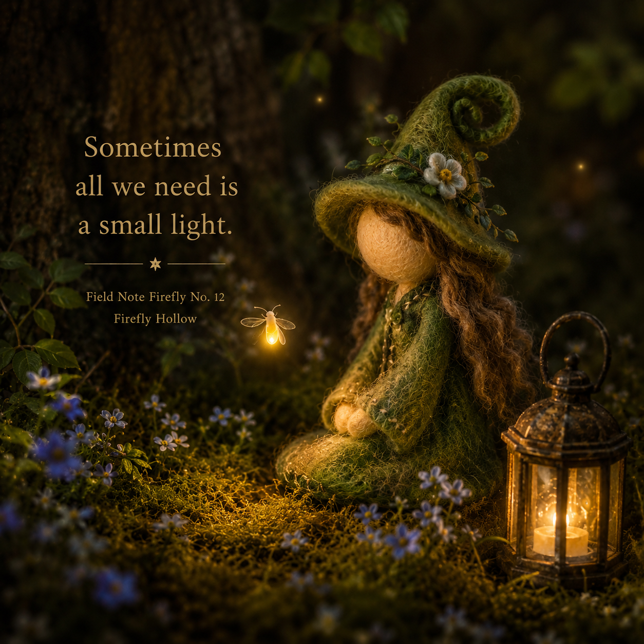 Handmade felt fairy in a green woodland setting beside a glowing firefly and lantern, with the words “Sometimes all we need is a small light.”