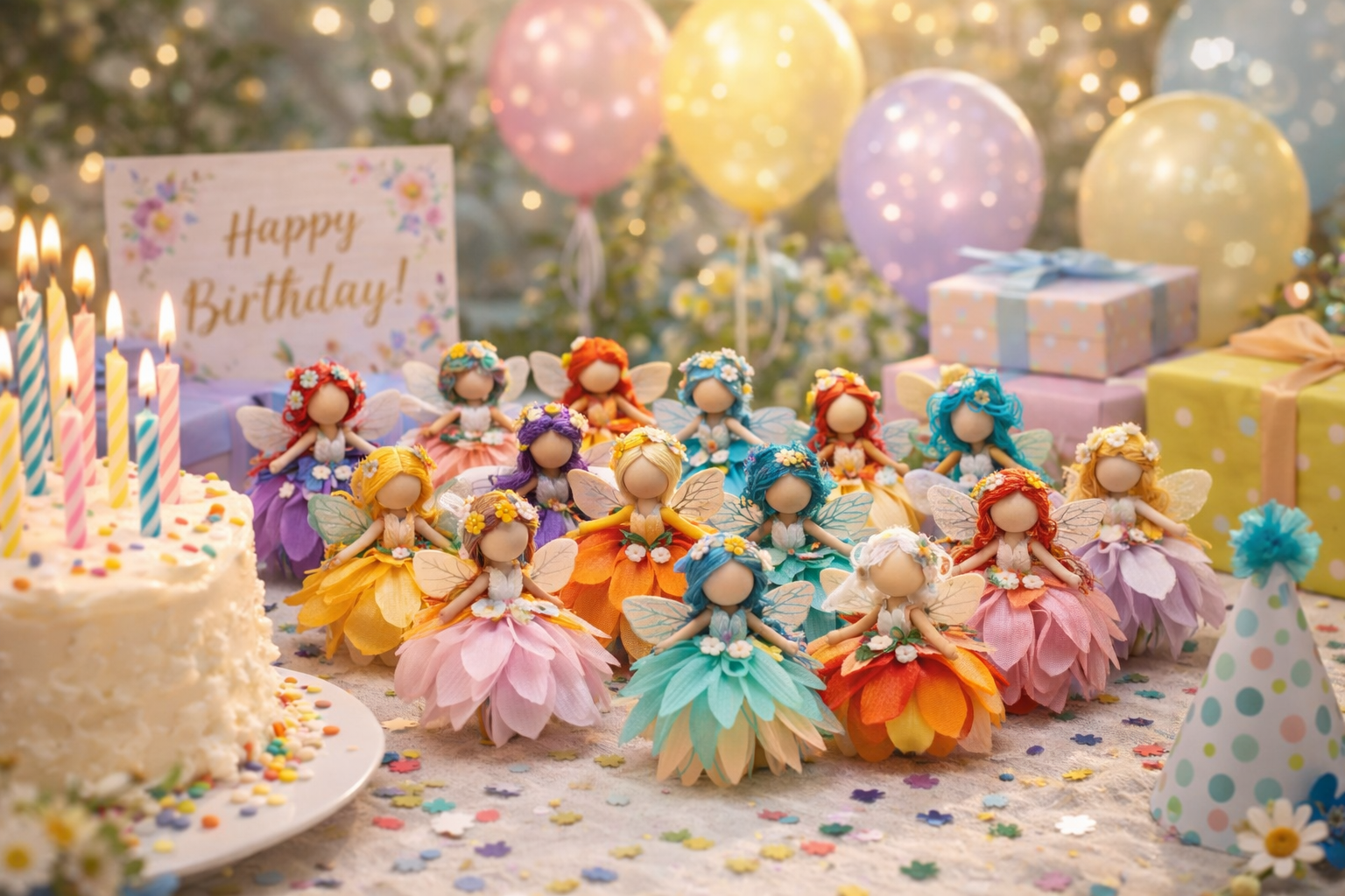 Twenty handmade flower fairy dolls displayed for a birthday party with cake, balloons, and gifts