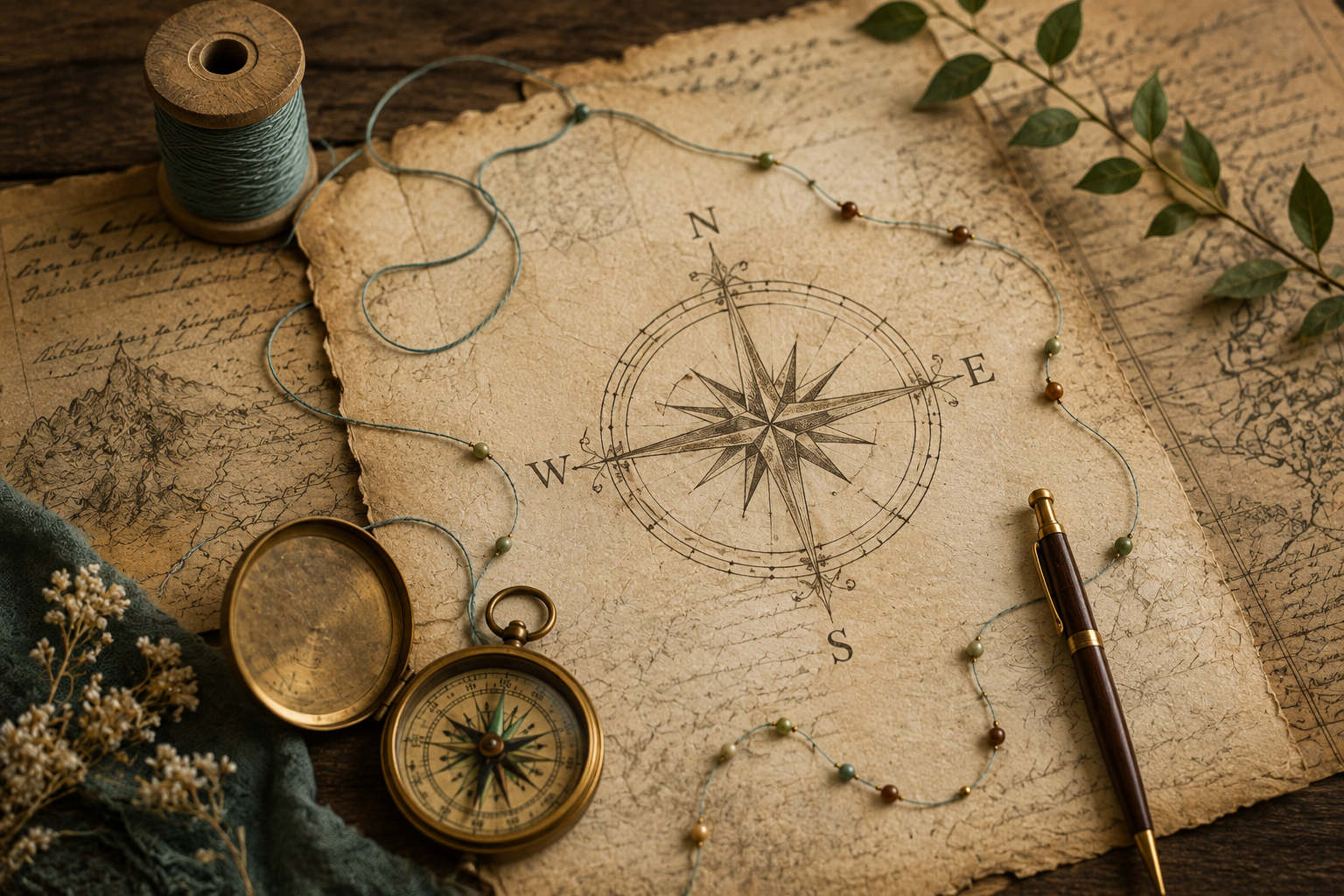 Vintage compass rose, thread, parchment maps, and writing tools representing The Elemental Lantern Illuminated Thread Tracking session.