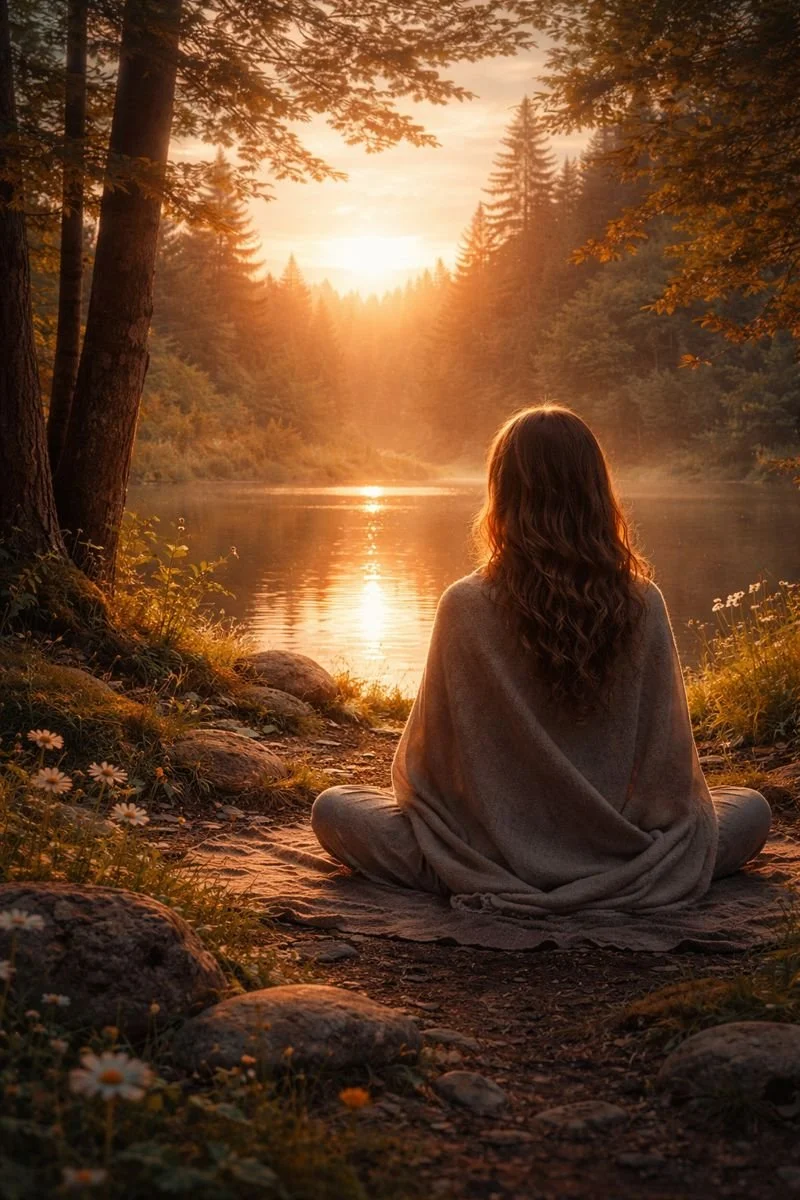 A woman sitting quietly by a forest lake at sunset, reflecting a gentle return to self, grounded presence, and inner homecoming.